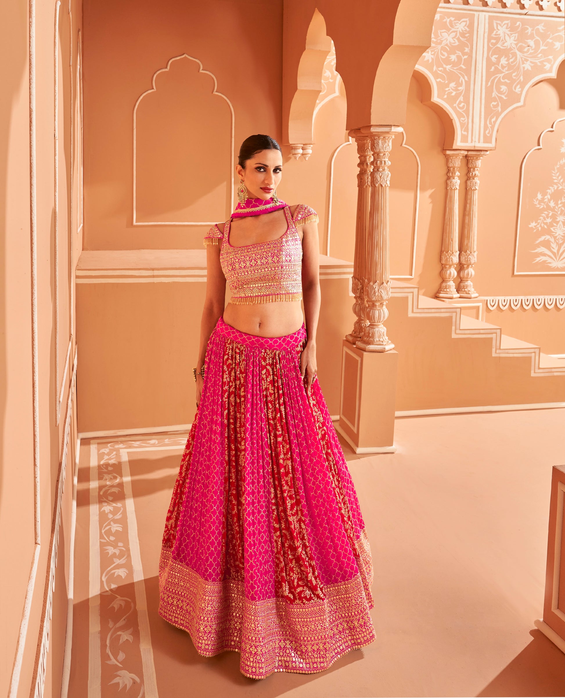 Pink Georgette Lehenga with Gold and Red Embroidery