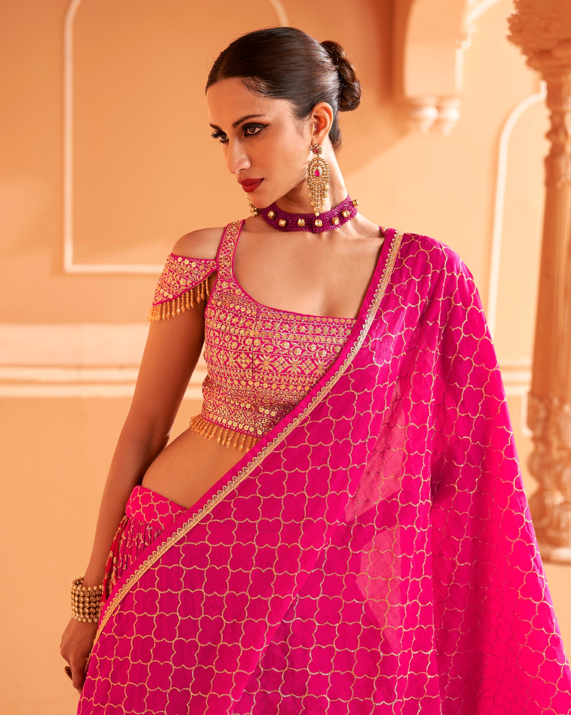 Pink Georgette Lehenga with Gold and Red Embroidery