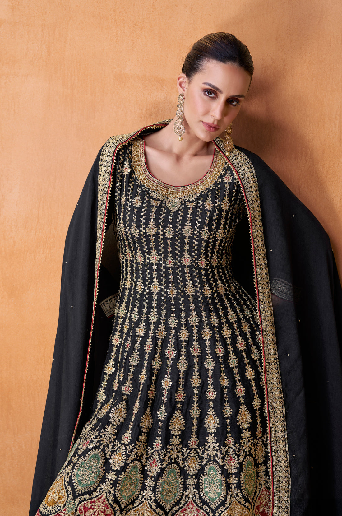 Black Real Chinon Sharara Set with Gold and Red Embroidery
