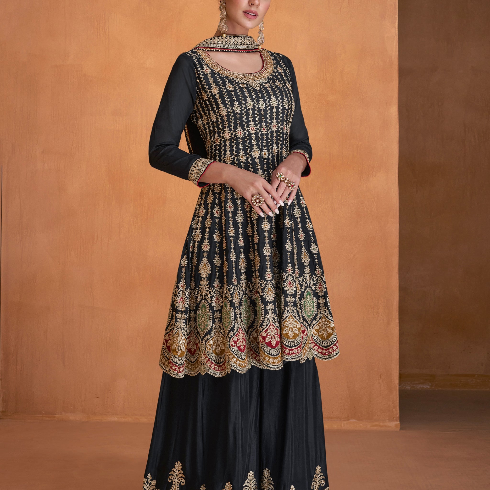 Black Real Chinon Sharara Set with Gold and Red Embroidery
