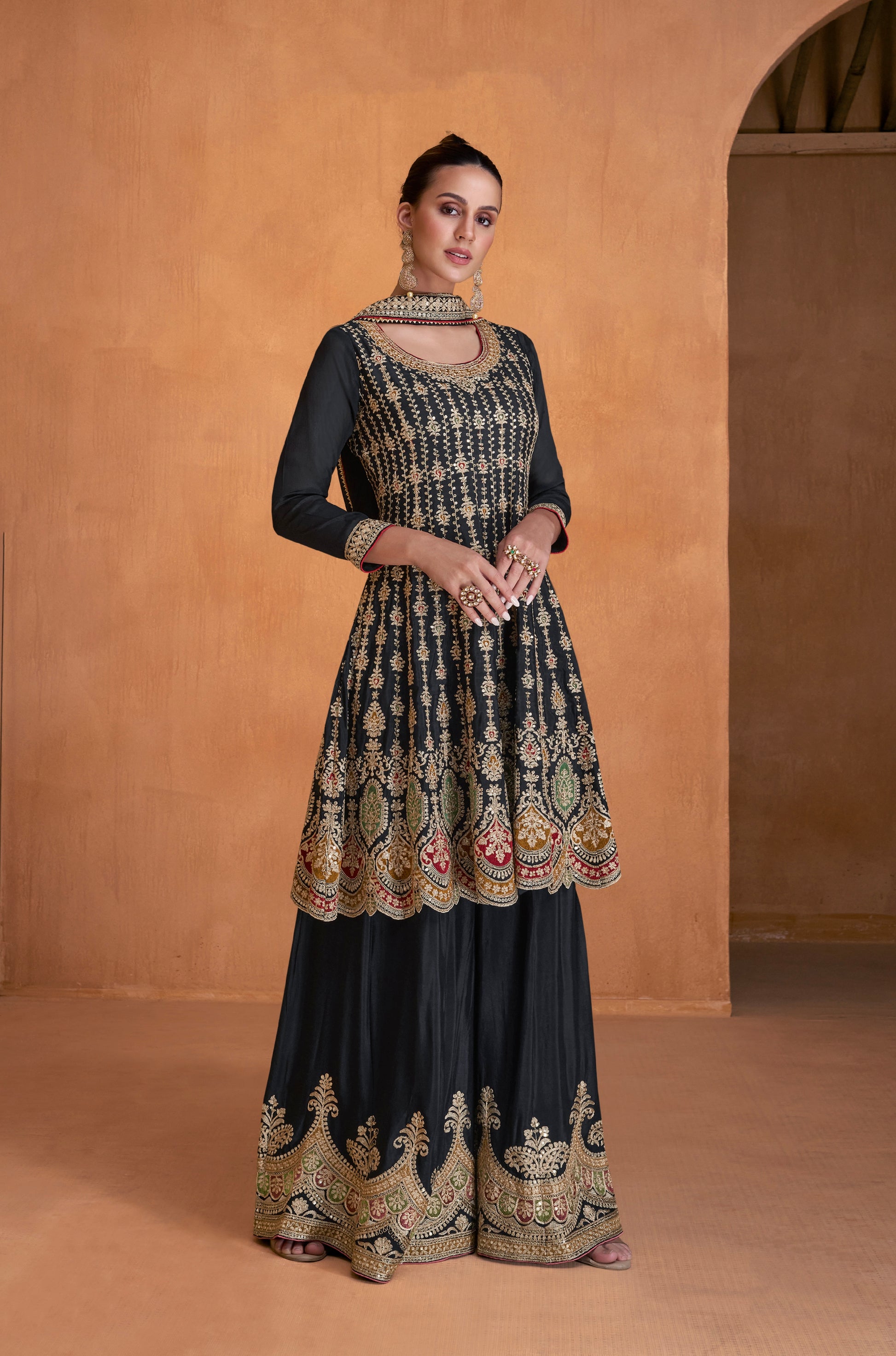 Black Real Chinon Sharara Set with Gold and Red Embroidery
