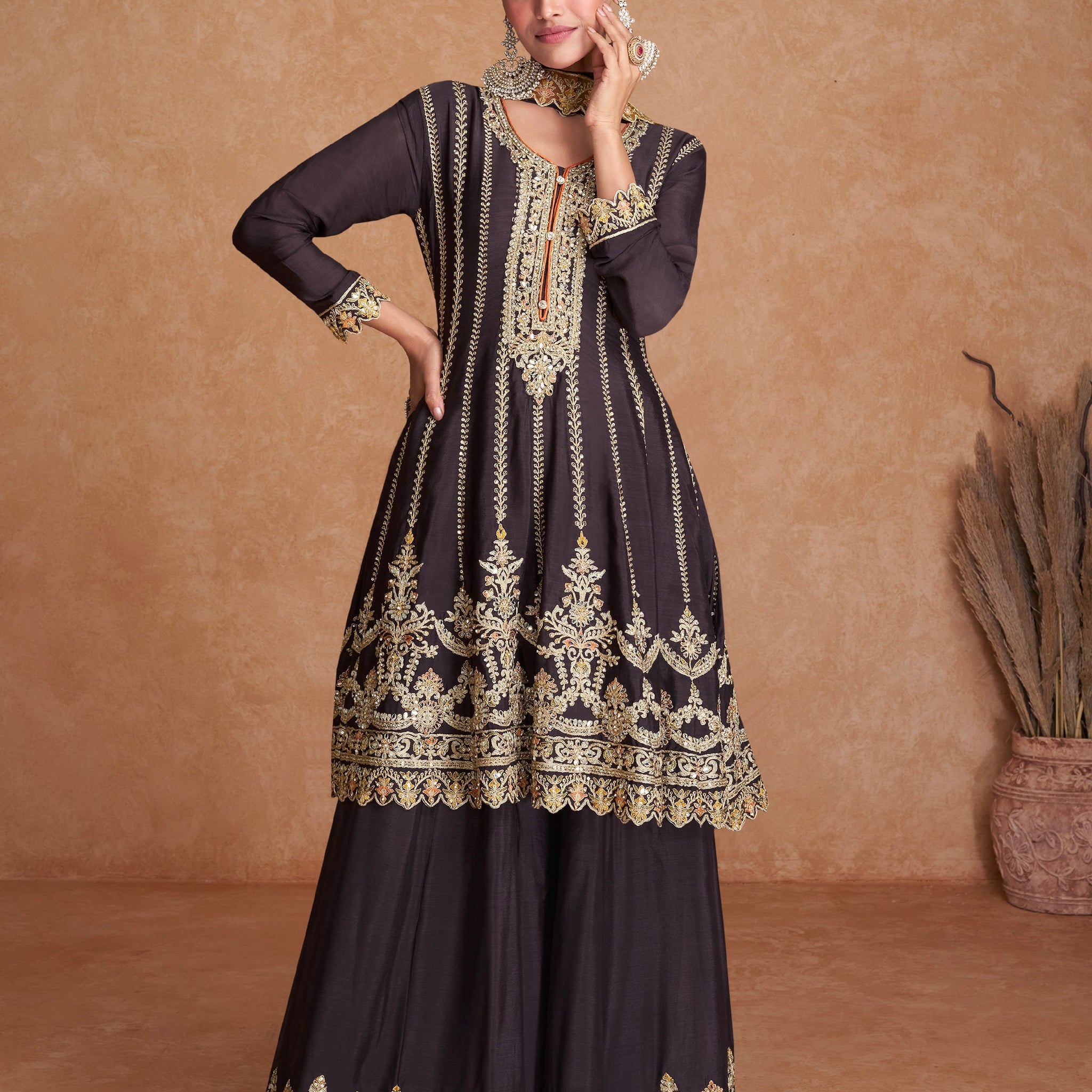 Black Real Chinon Sharara Set with Gold Embroidery