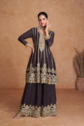 Black Real Chinon Sharara Set with Gold Embroidery