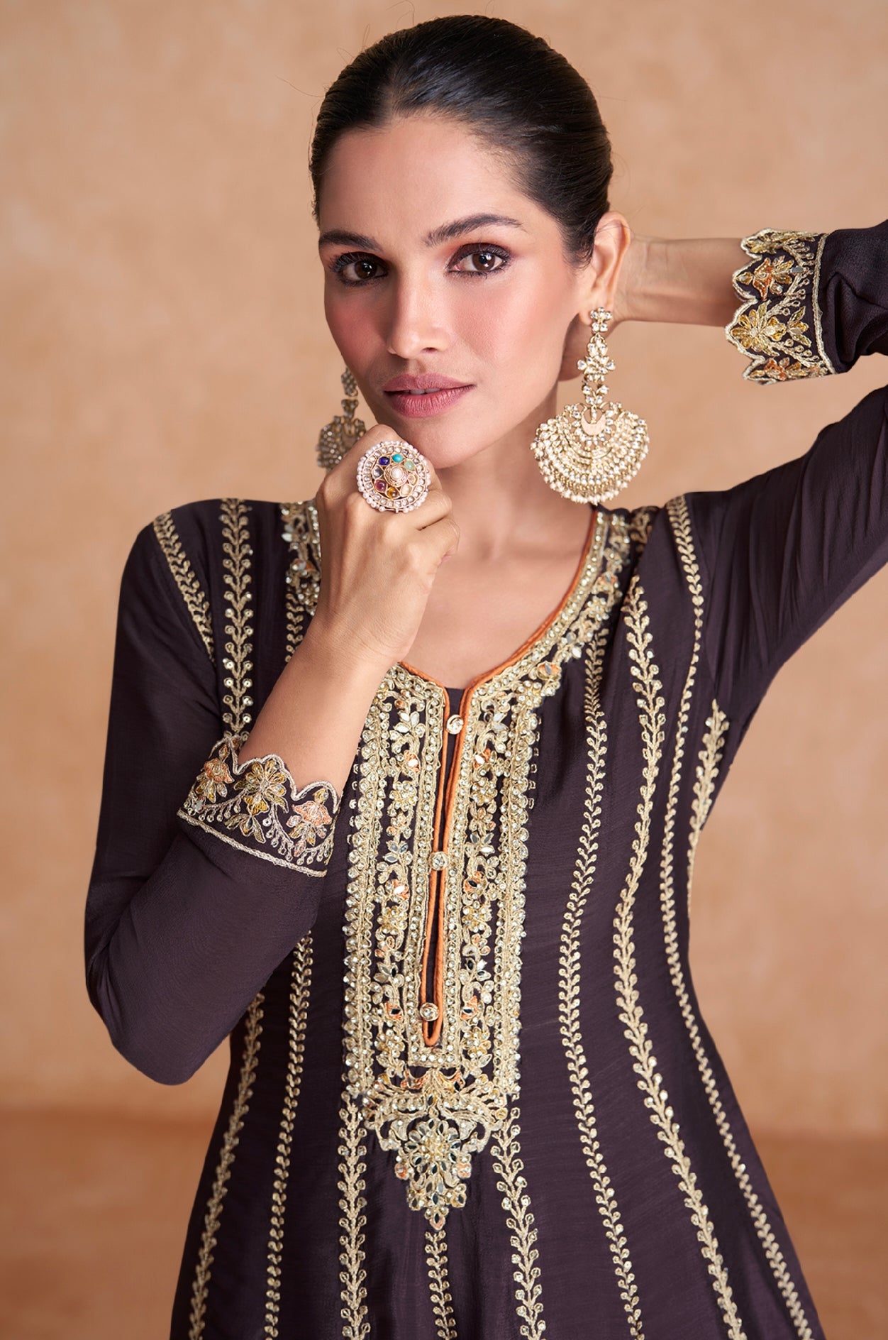 Black Real Chinon Sharara Set with Gold Embroidery