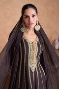 Black Real Chinon Sharara Set with Gold Embroidery