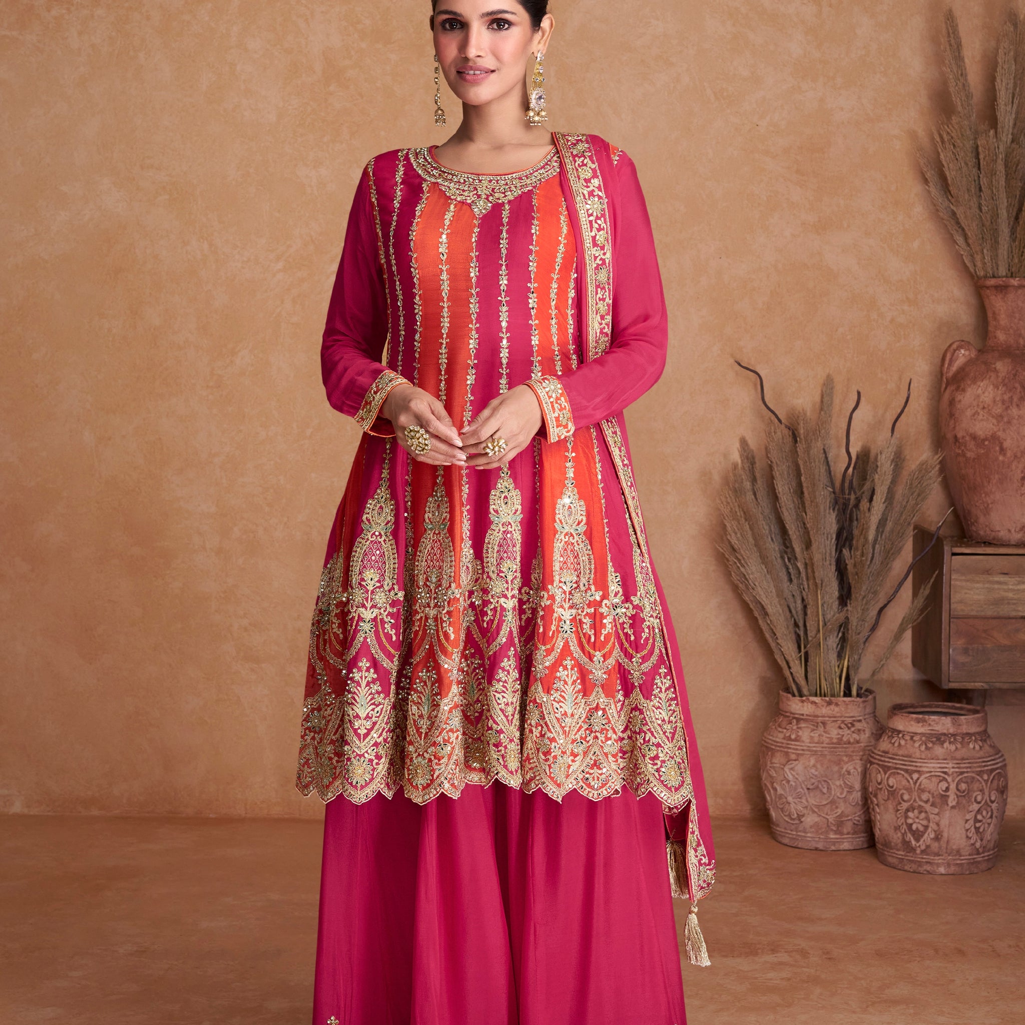 Maroon and Orange Real Chinon Sharara Set with Gold Embroidery