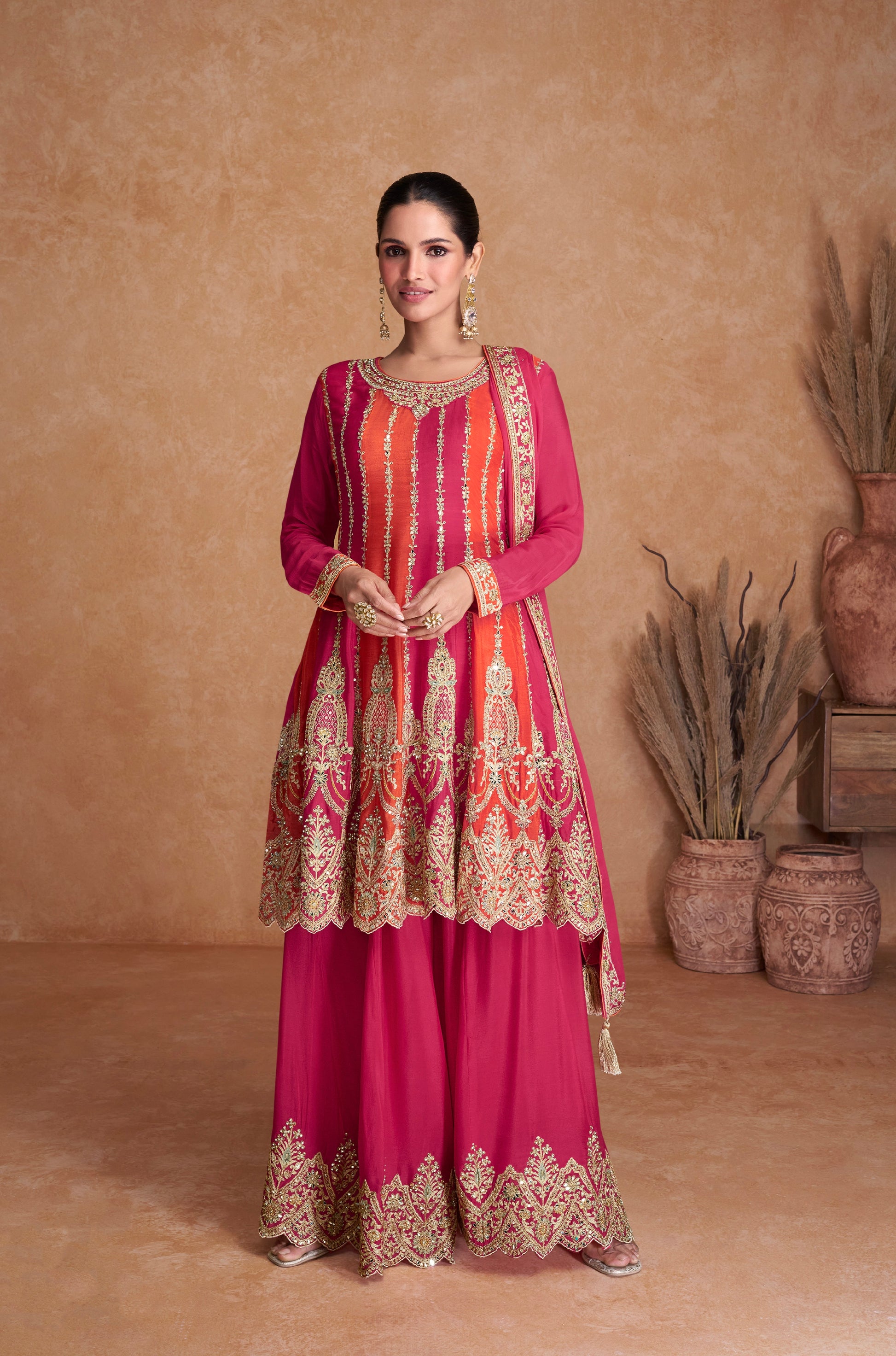 Maroon and Orange Real Chinon Sharara Set with Gold Embroidery