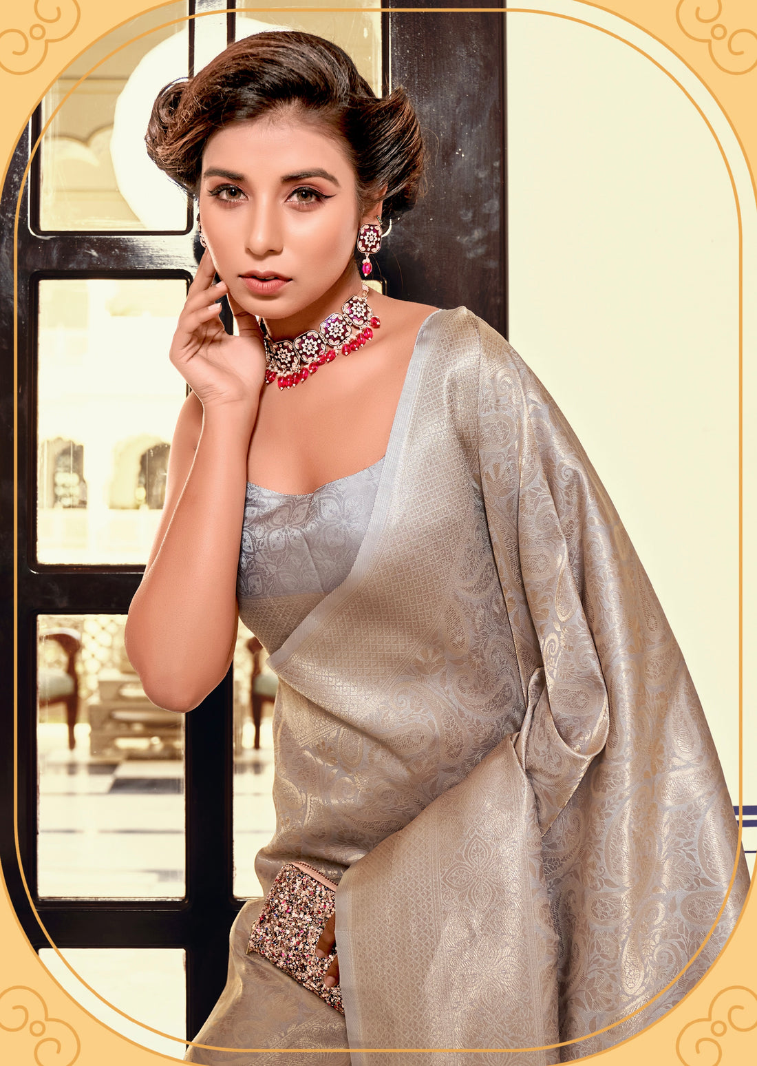 Silver Soft Kanjivaram Silk Saree with Woven Patterns