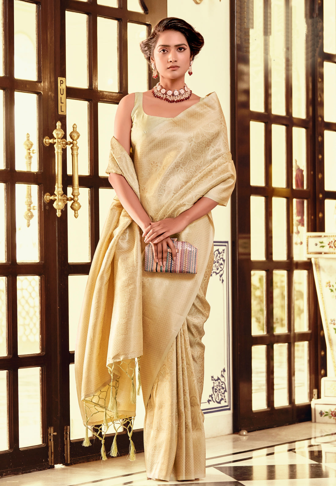 Beige Soft Kanjivaram Silk Saree with Woven Design