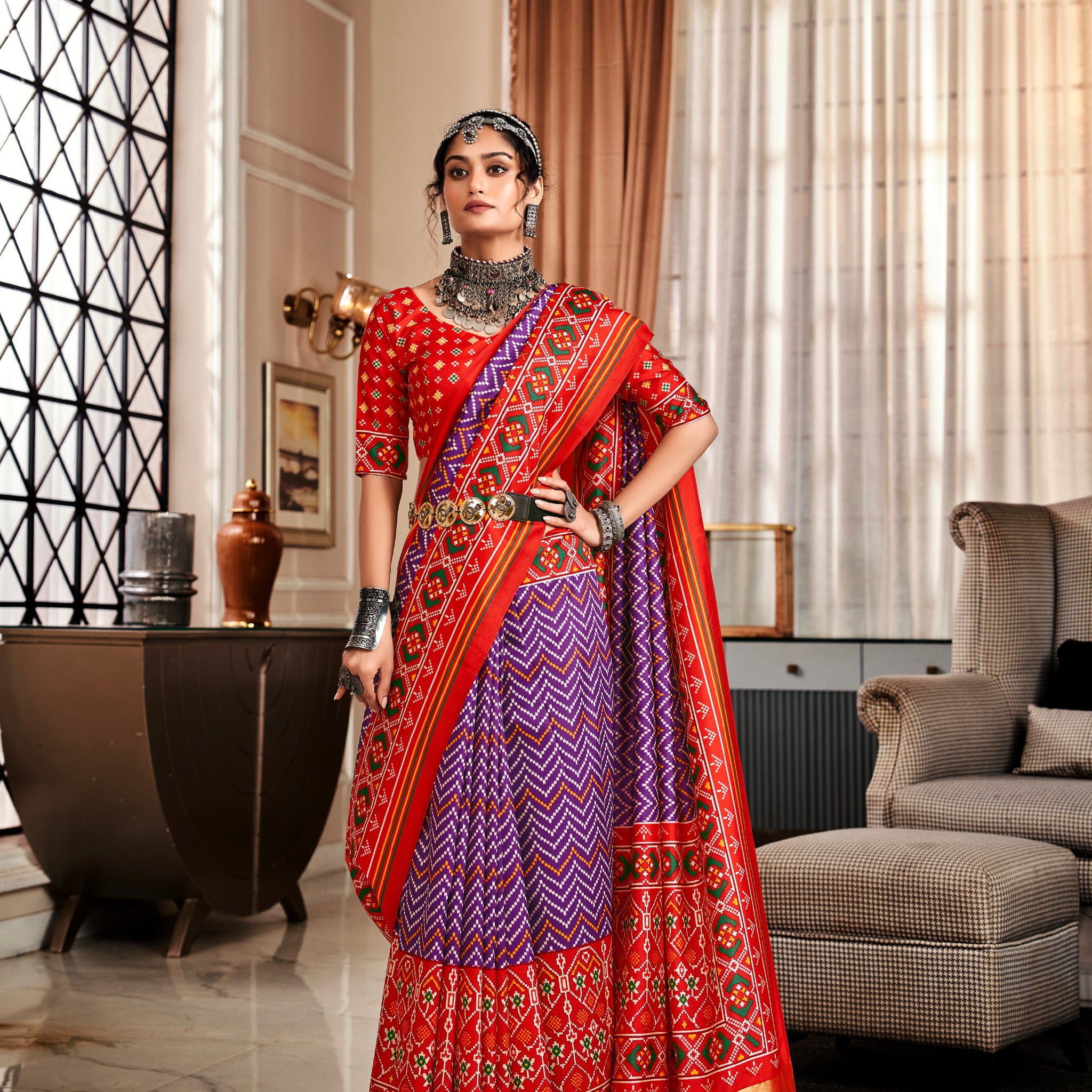 Red and Purple Pure Tusser Patola Saree with Lagadi Patta Pallu