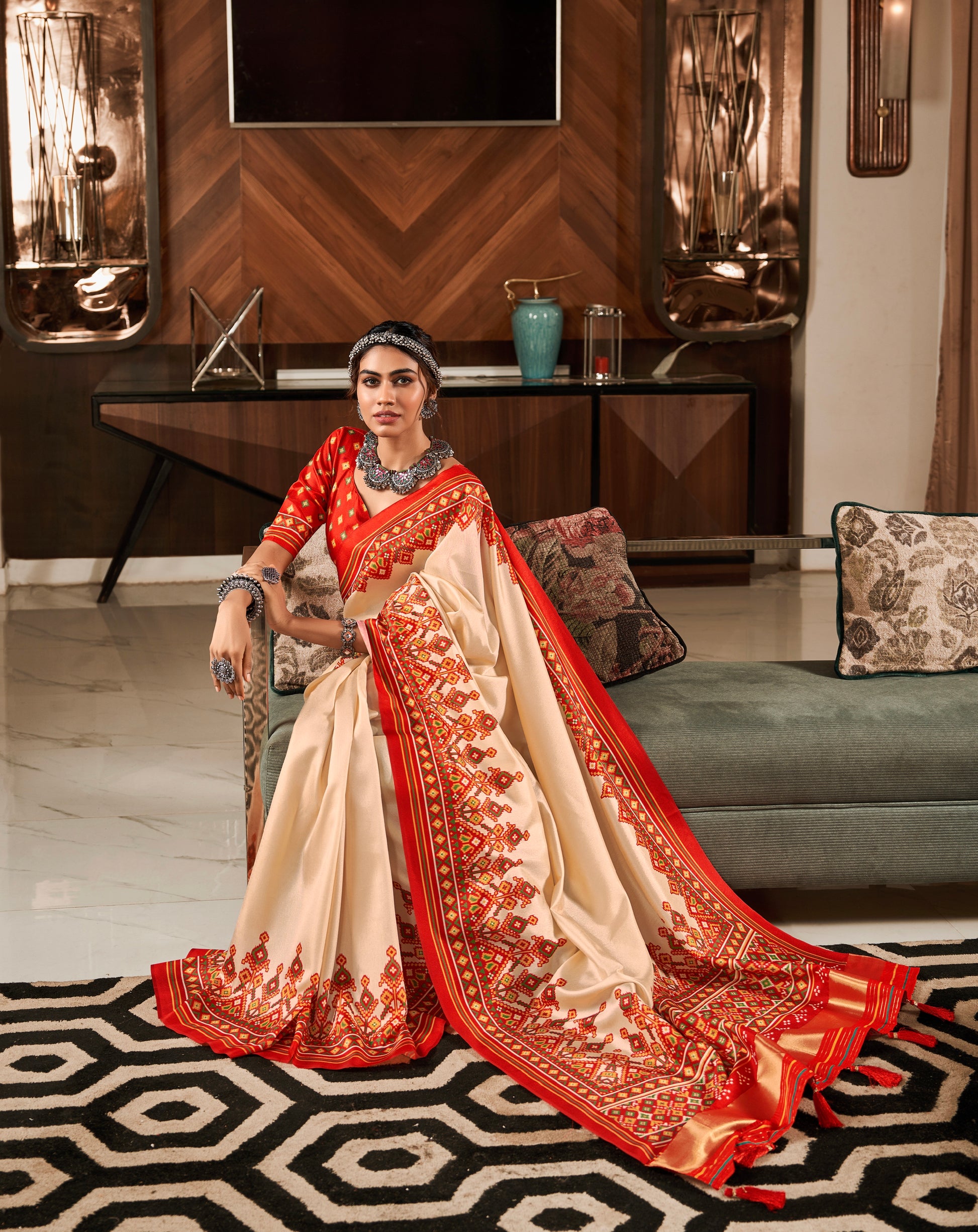 Red and Cream Pure Tusser Patola Saree with Lagadi Patta Pallu