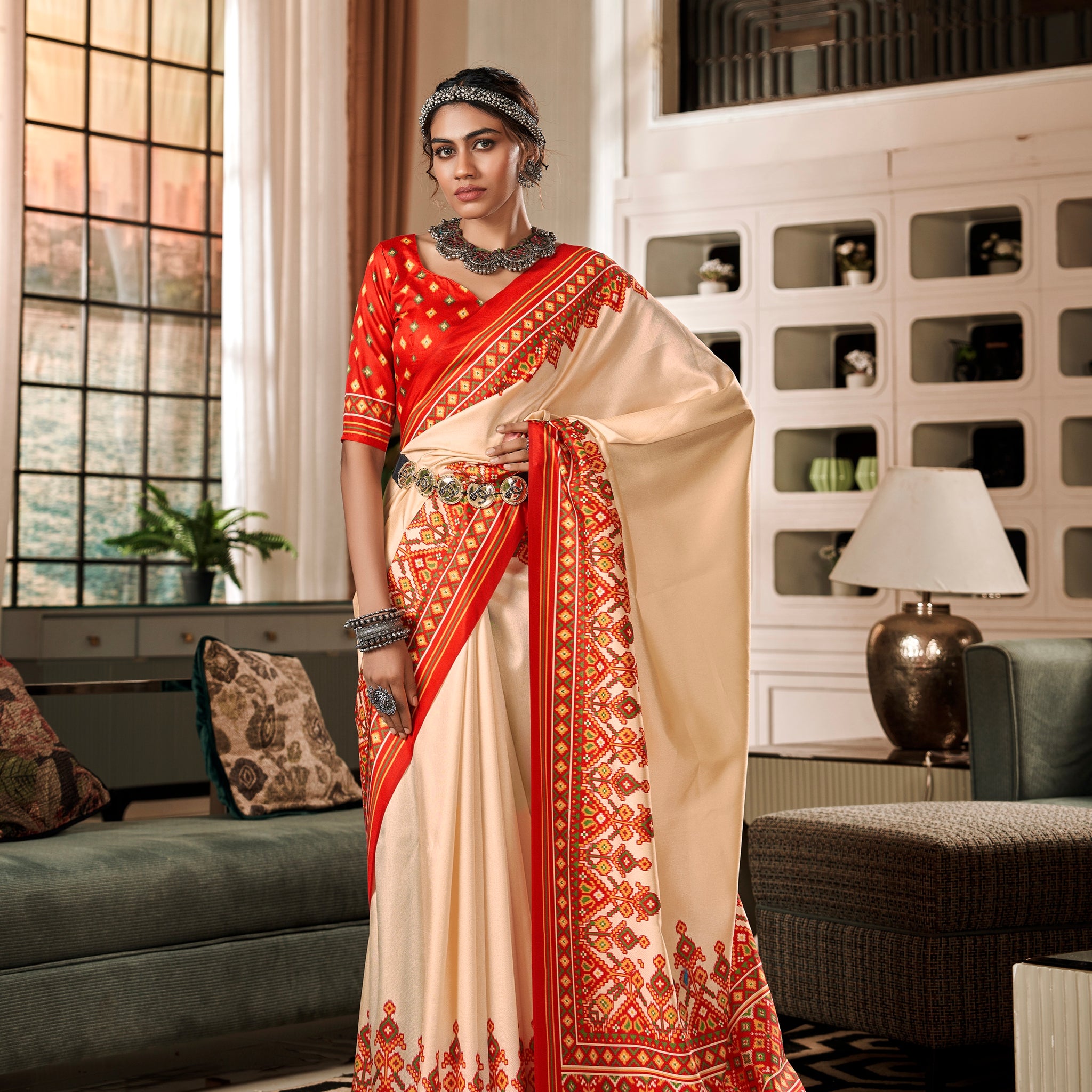 Red and Cream Pure Tusser Patola Saree with Lagadi Patta Pallu