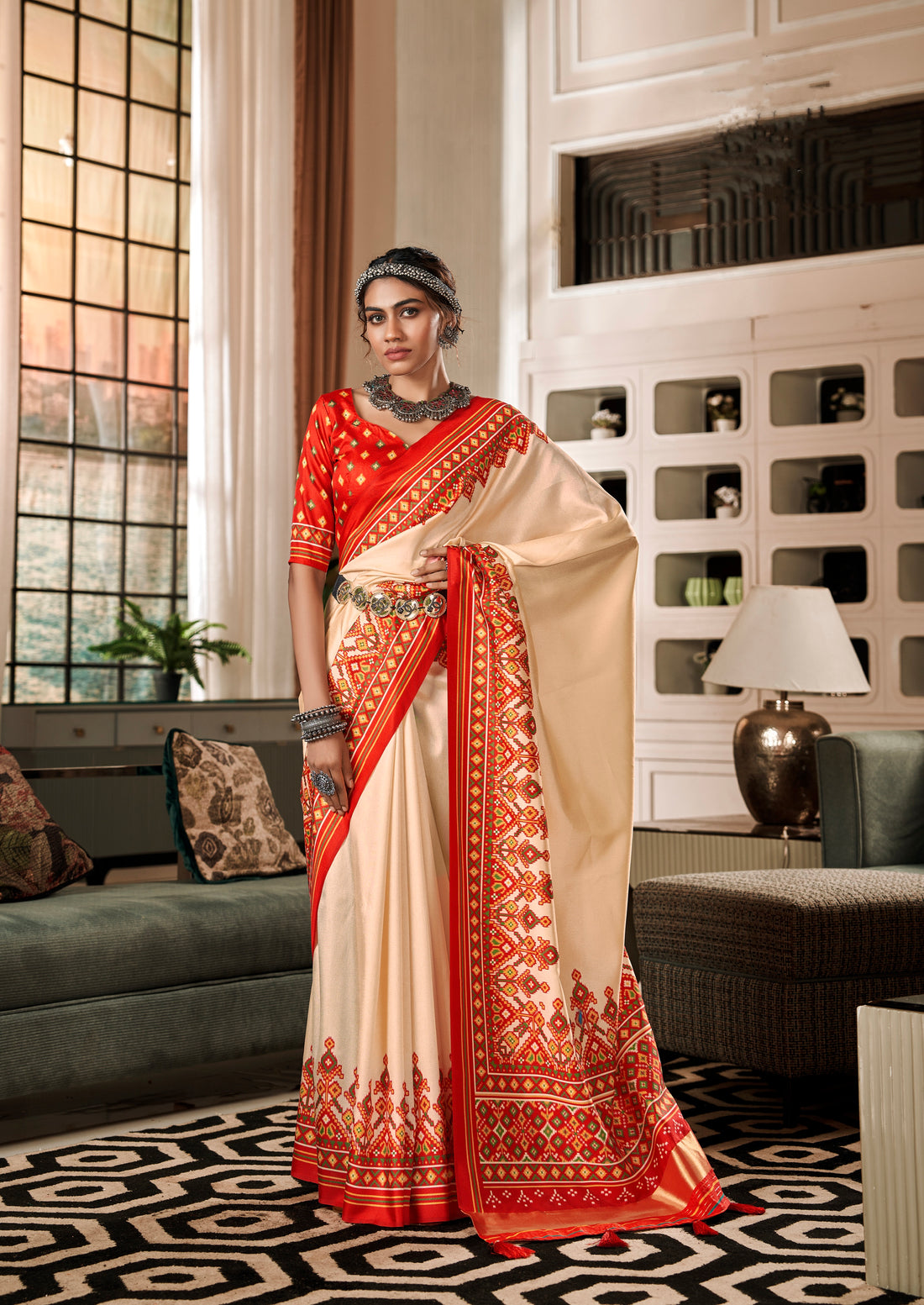 Red and Cream Pure Tusser Patola Saree with Lagadi Patta Pallu