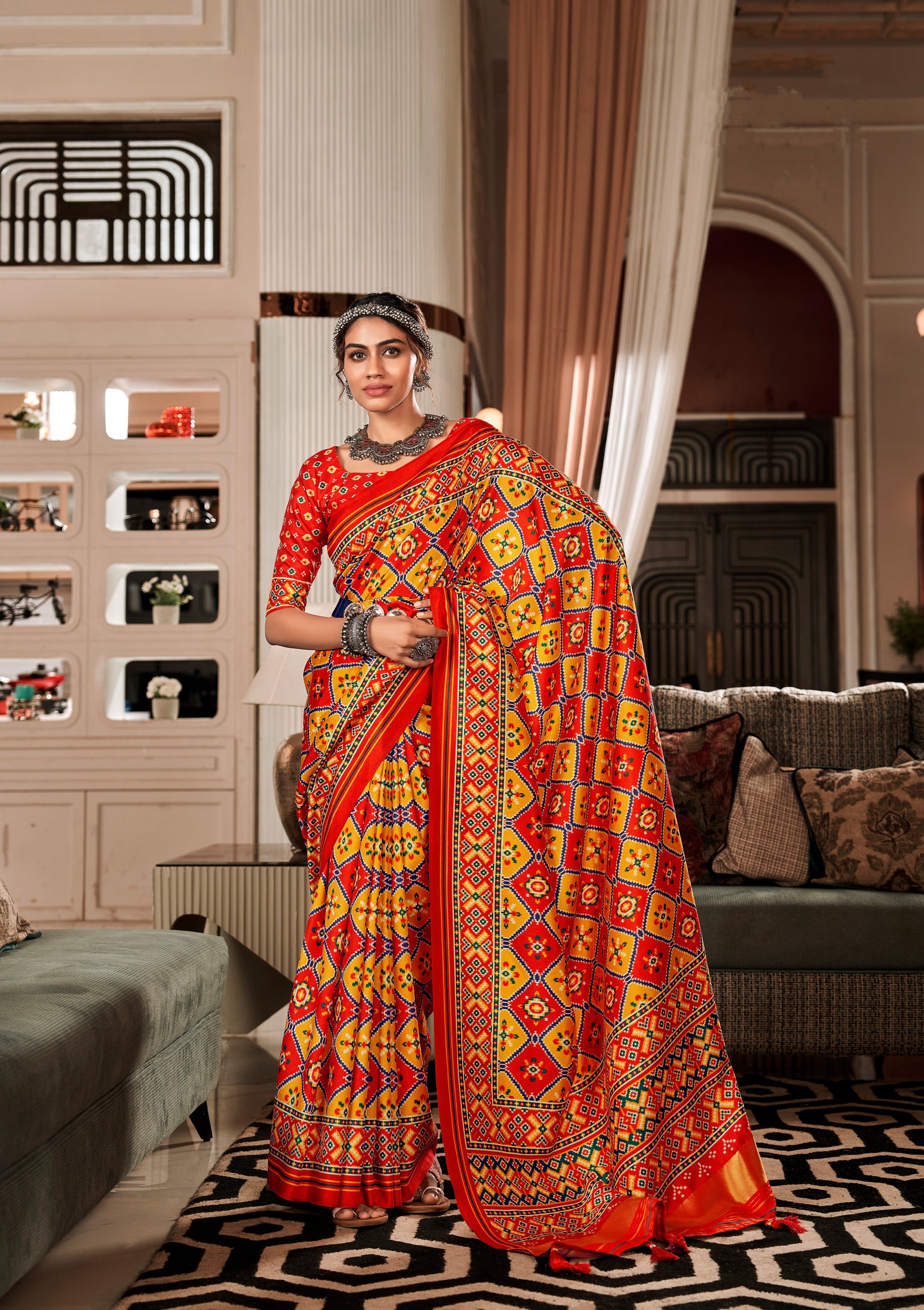 Red and Yellow Pure Tusser Patola Saree with Lagadi Patta Pallu