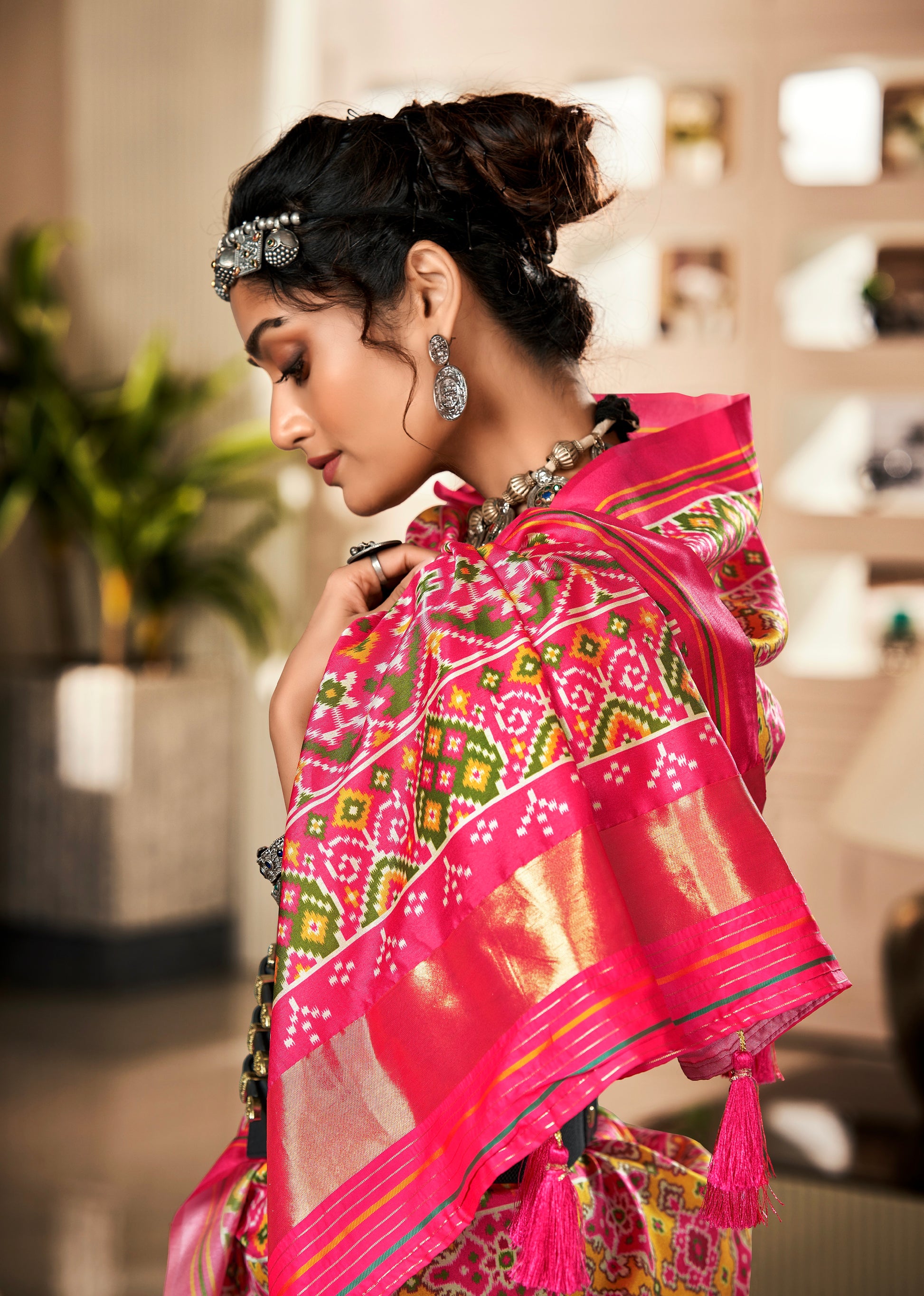 Pink and Yellow Pure Tusser Patola Saree with Lagadi Patta Pallu