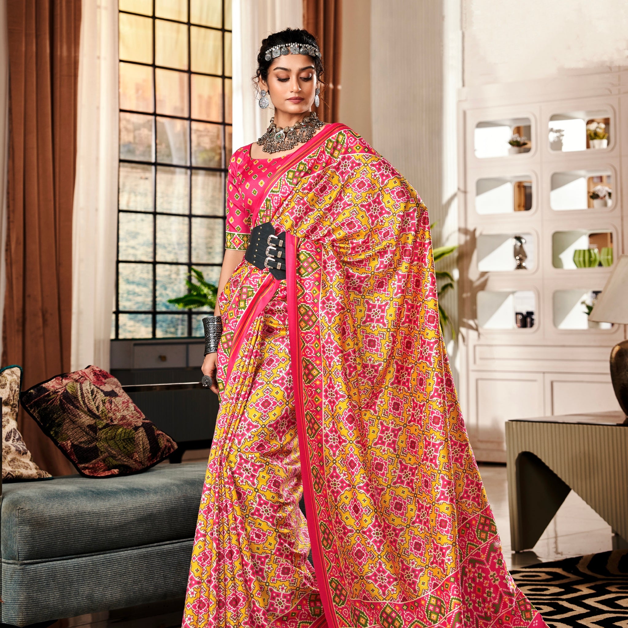 Pink and Yellow Pure Tusser Patola Saree with Lagadi Patta Pallu