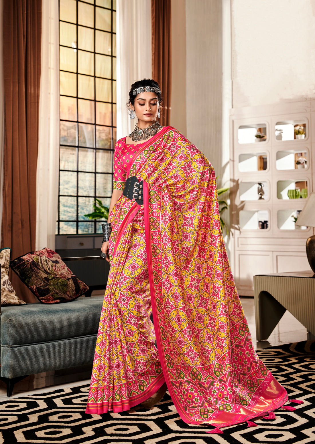 Pink and Yellow Pure Tusser Patola Saree with Lagadi Patta Pallu