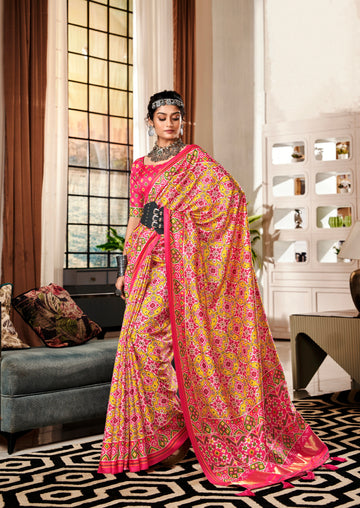 Pink and Yellow Pure Tusser Patola Saree with Lagadi Patta Pallu