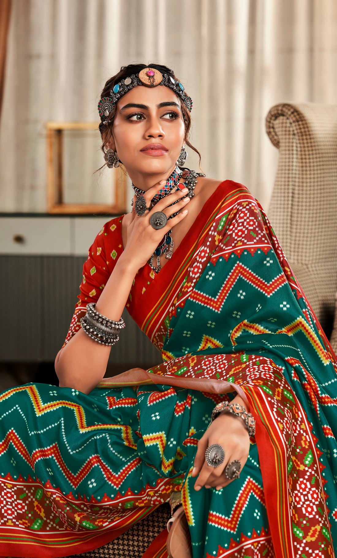 Red and Green Pure Tusser Patola Saree with Lagadi Patta Pallu