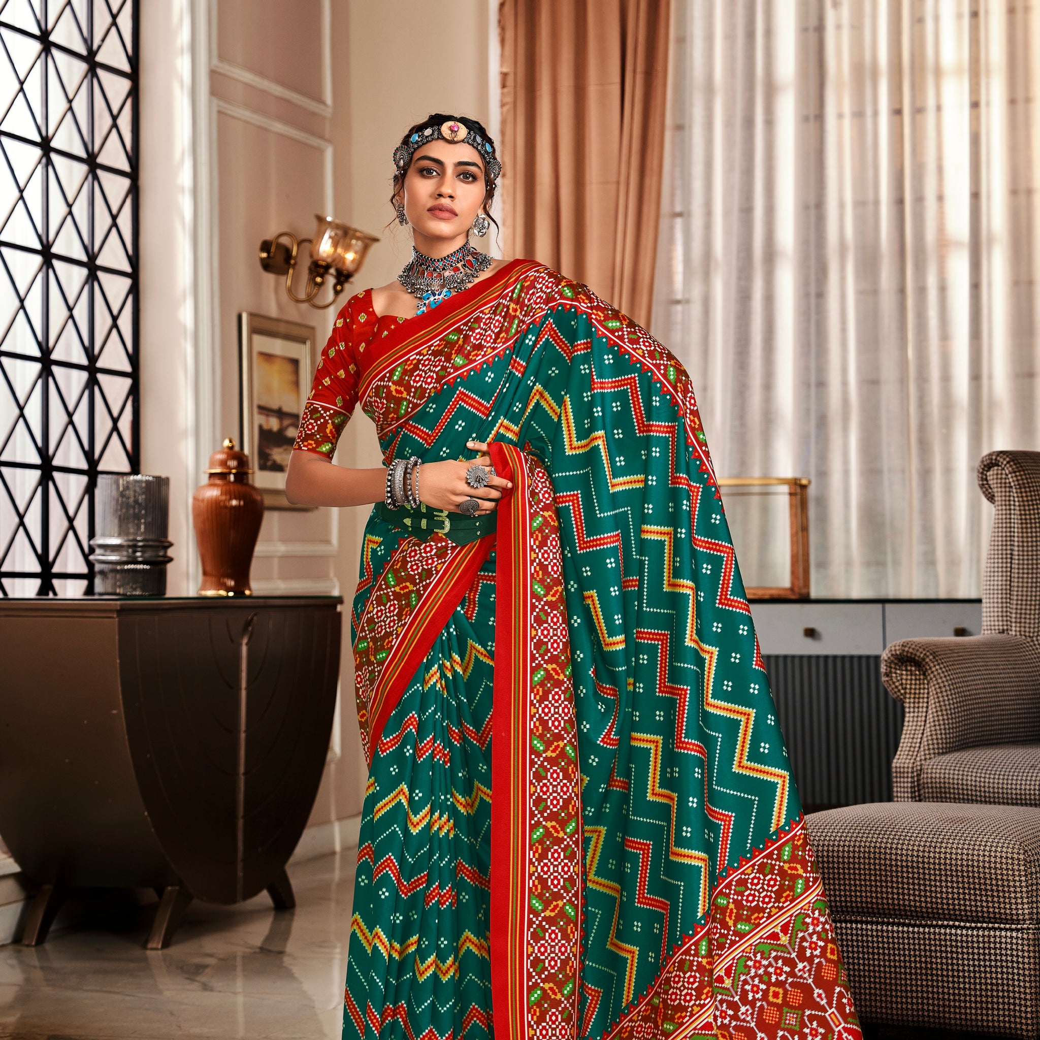 Red and Green Pure Tusser Patola Saree with Lagadi Patta Pallu