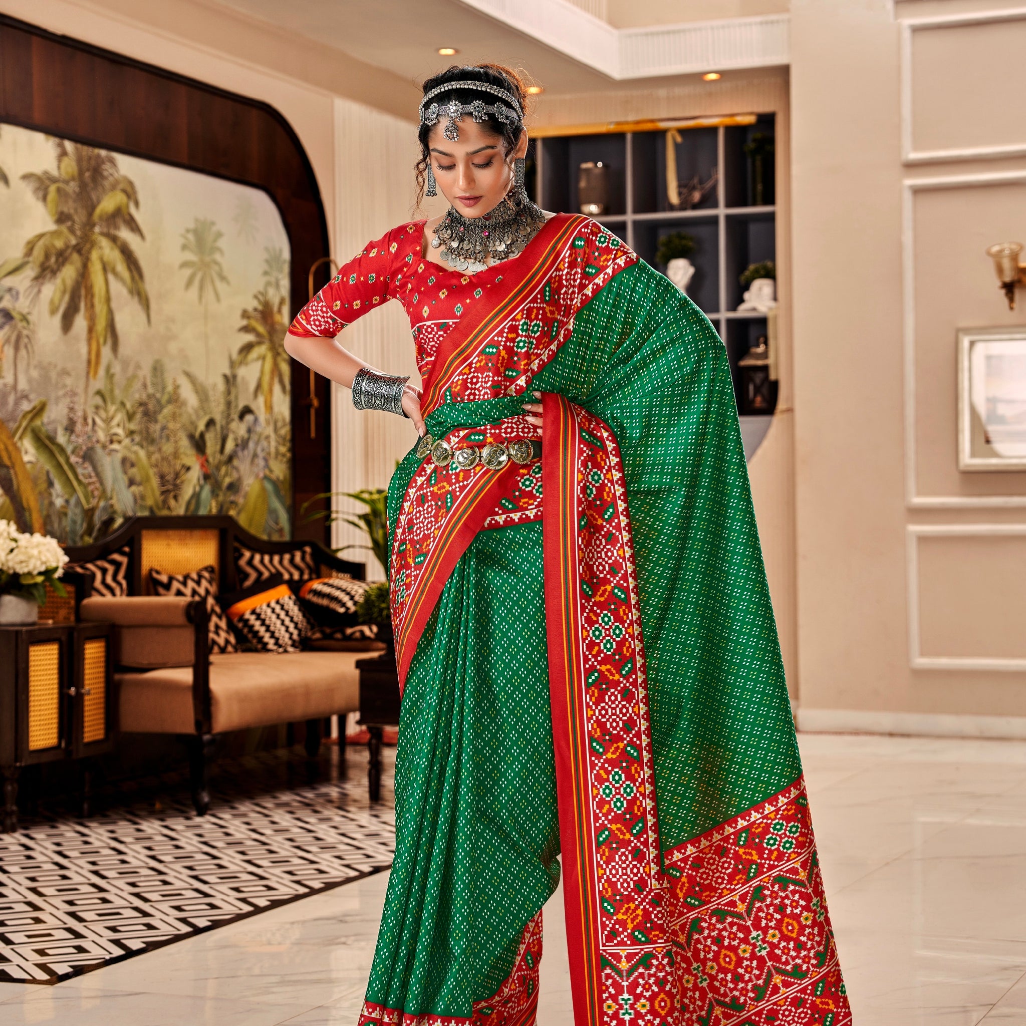 Red and Green Pure Tusser Patola Saree with Lagadi Patta Pallu