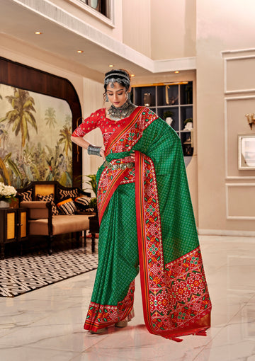 Red and Green Pure Tusser Patola Saree with Lagadi Patta Pallu