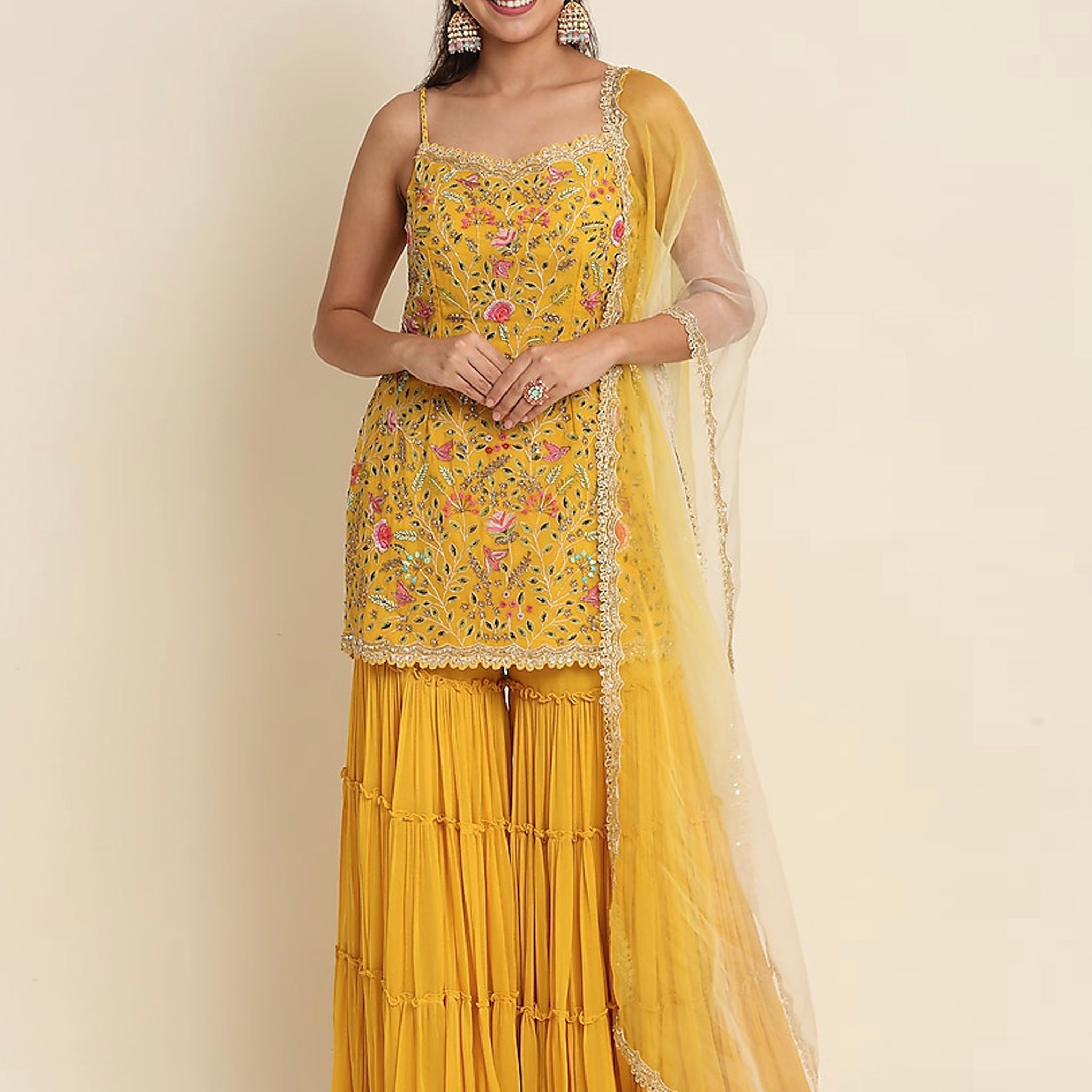 Yellow Georgette Sharara Suit with Embroidery and Sequins Work