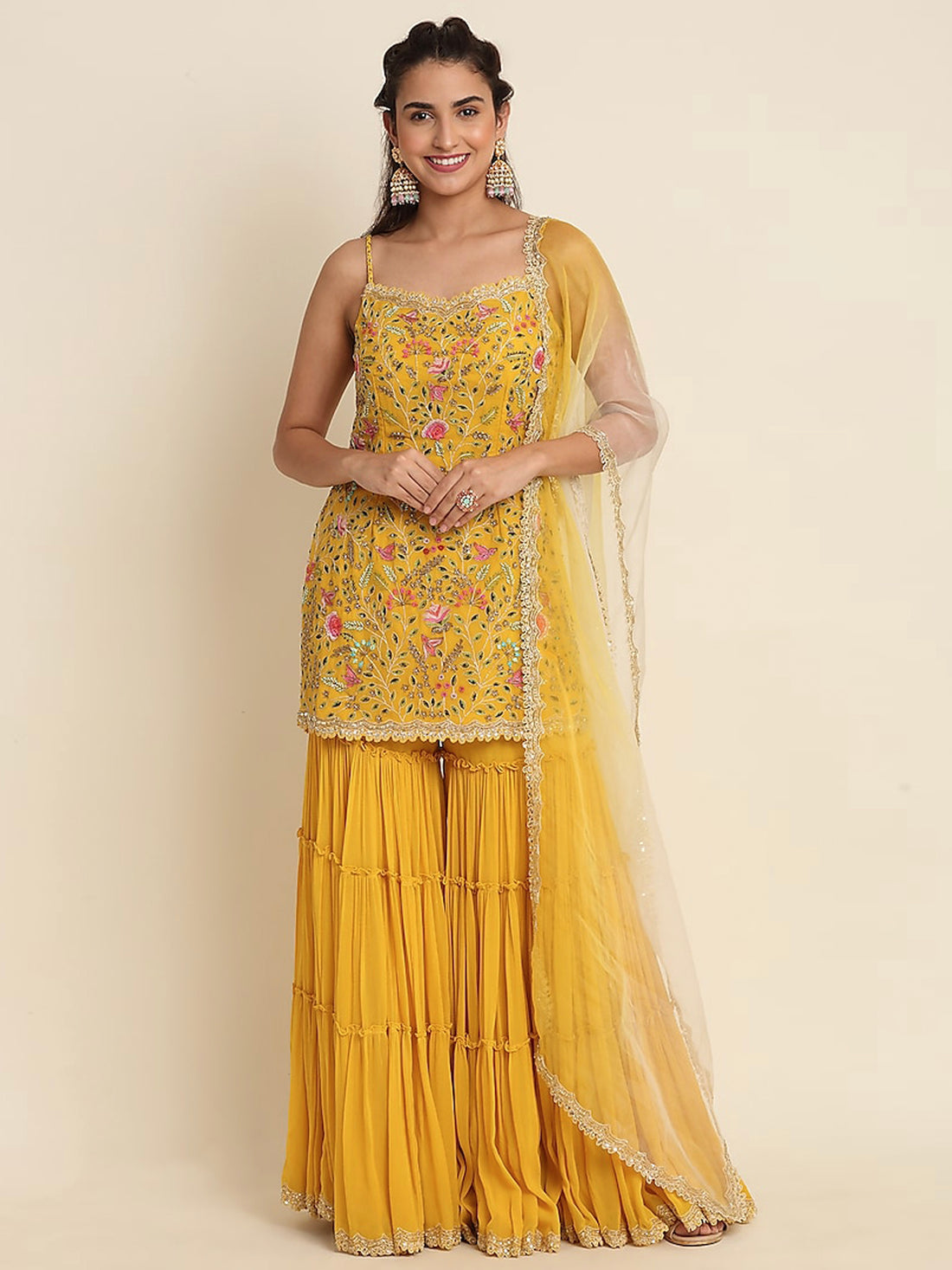 Yellow Georgette Sharara Suit with Embroidery and Sequins Work