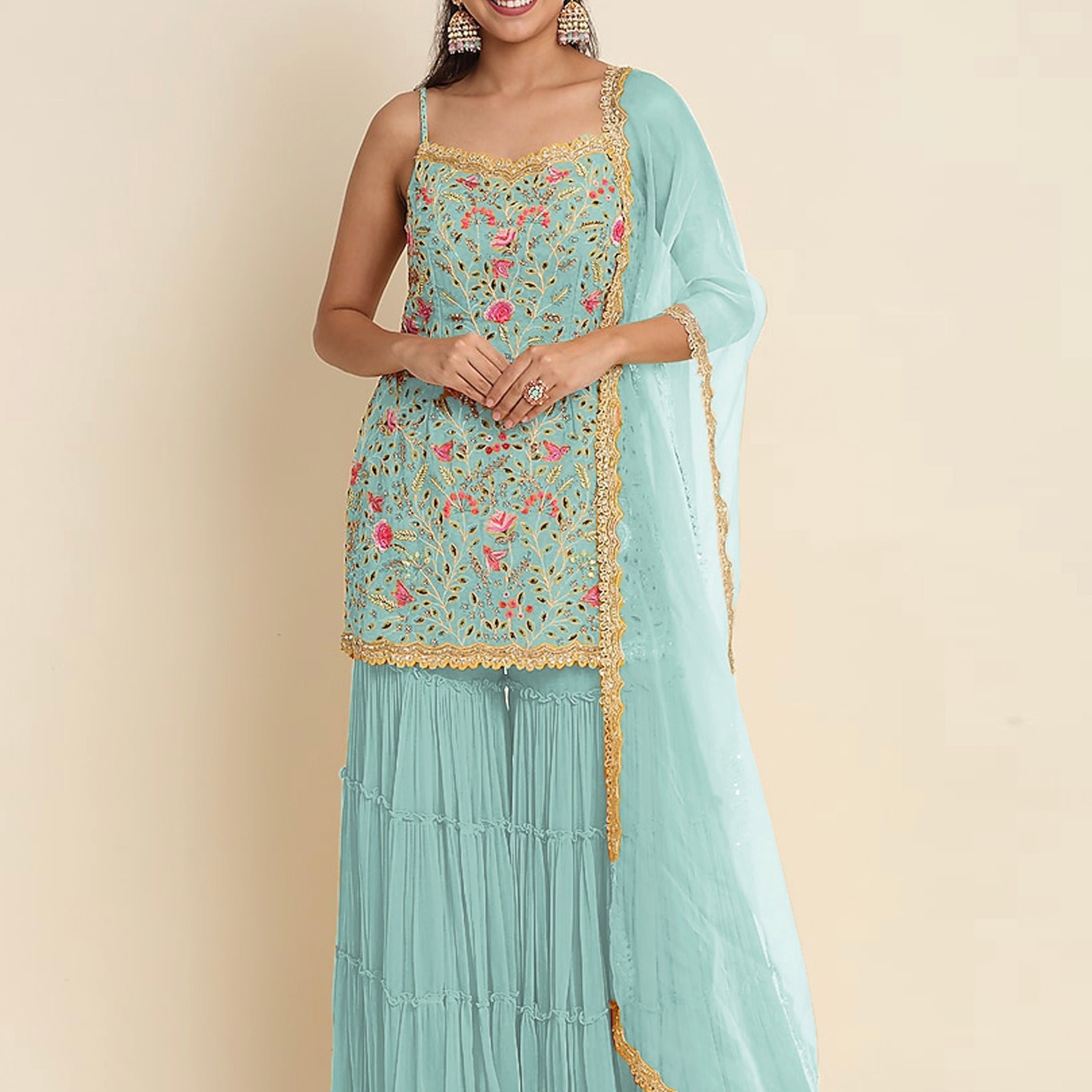 Aqua Blue Georgette Sharara Suit with Zari and Thread Embroidery