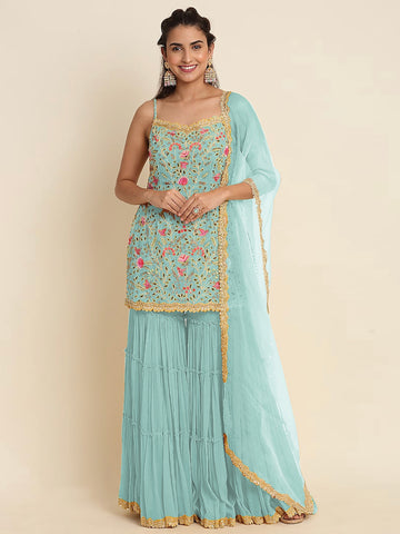 Aqua Blue Georgette Sharara Suit with Zari and Thread Embroidery