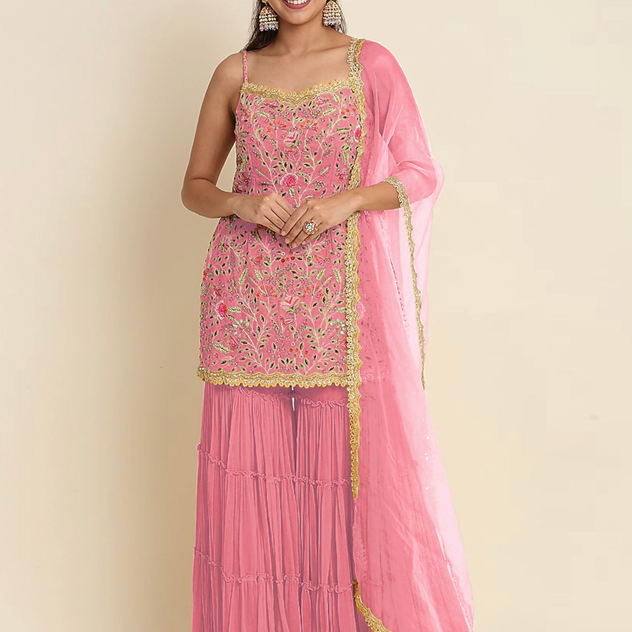 Pink Georgette Sharara Suit with Sequins and Embroidery