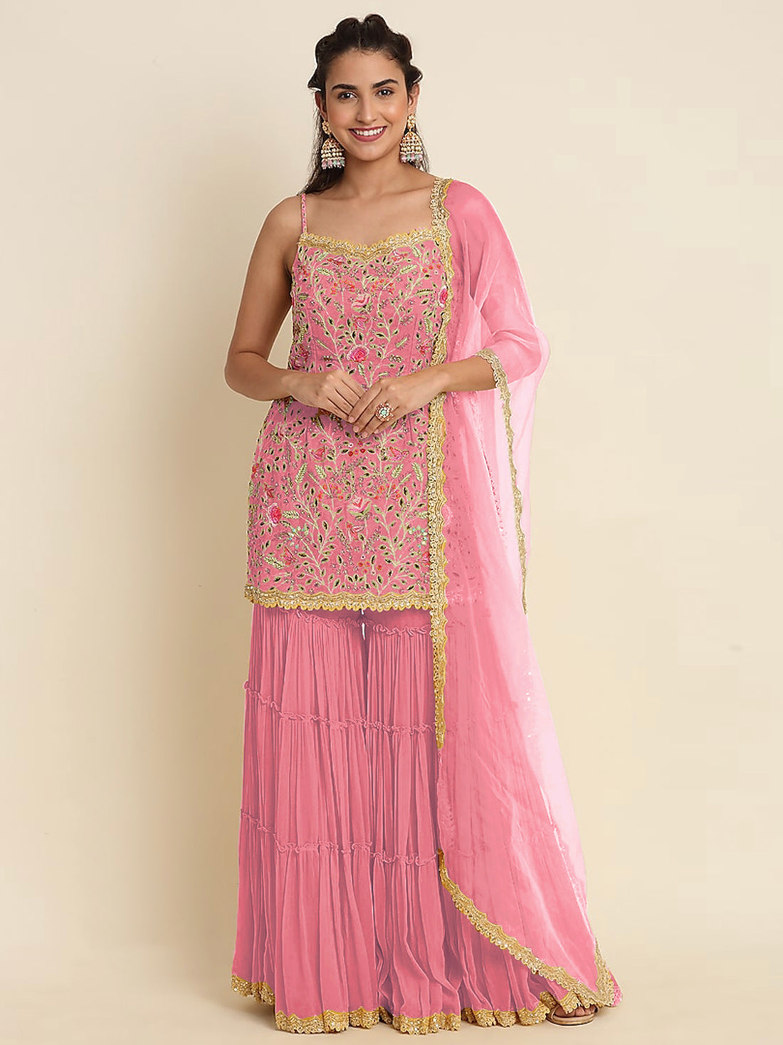 Pink Georgette Sharara Suit with Sequins and Embroidery