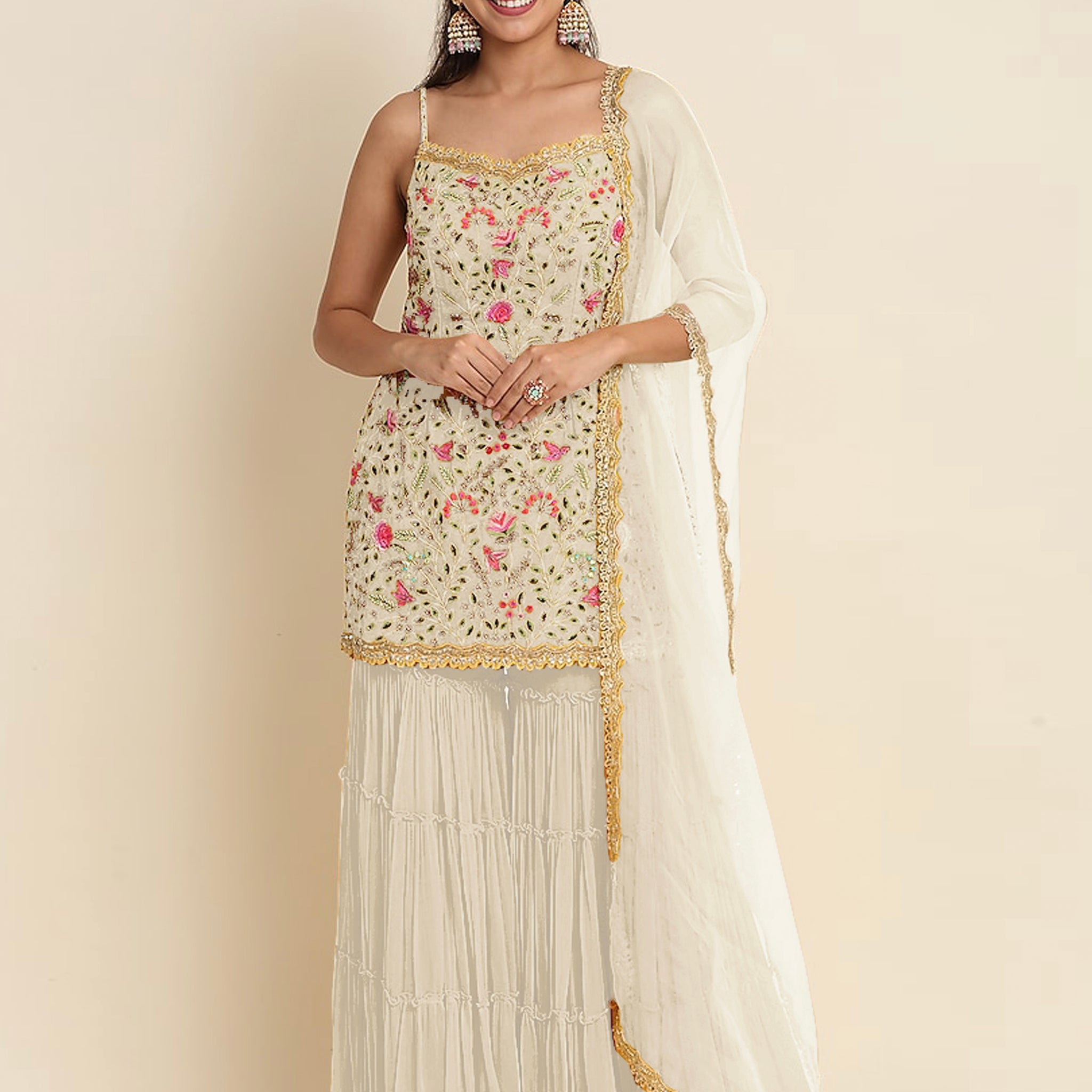 Off-White Georgette Sharara Suit with Zari and Thread Work