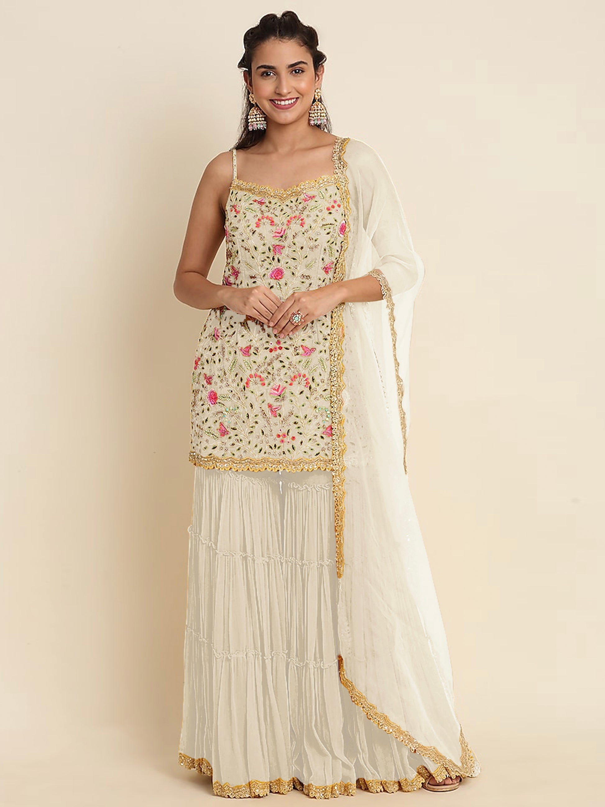 Off-White Georgette Sharara Suit with Zari and Thread Work