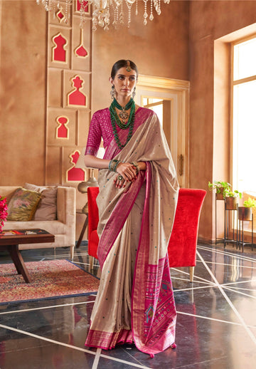 Beige and Pink Mercerizer Sigma Silk Patola Saree with Sambalpuri Pallu