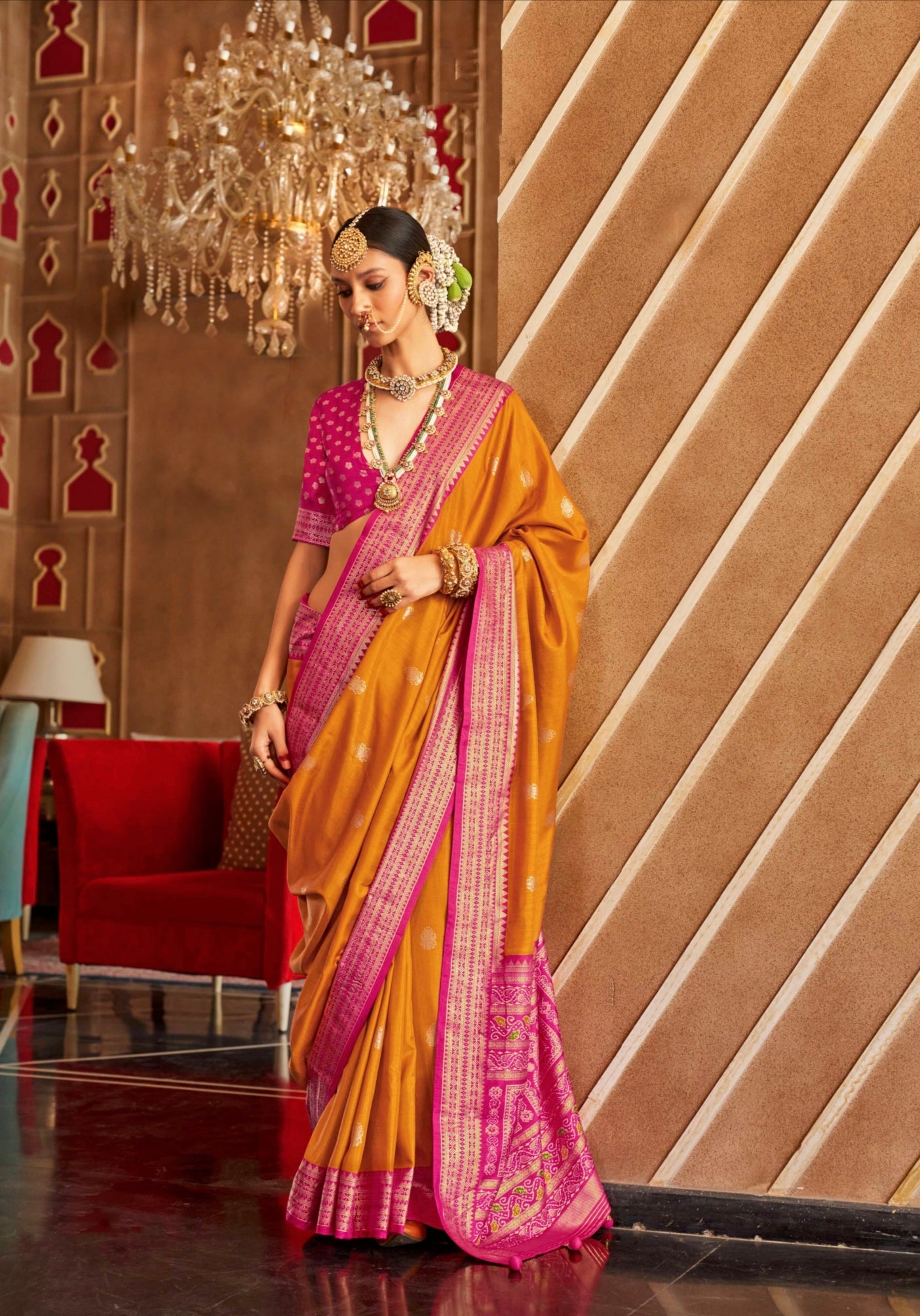 Orange and Pink Mercerizer Sigma Silk Patola Saree with Sambalpuri Pallu