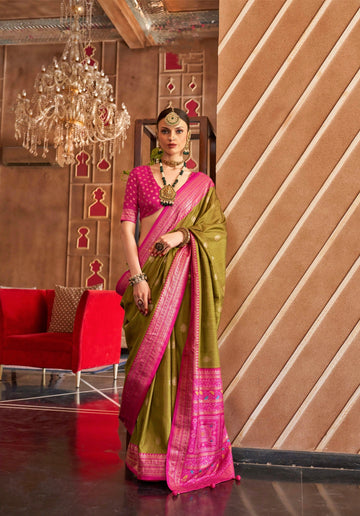 Olive Green and Pink Mercerizer Sigma Silk Patola Saree with Sambalpuri Pallu