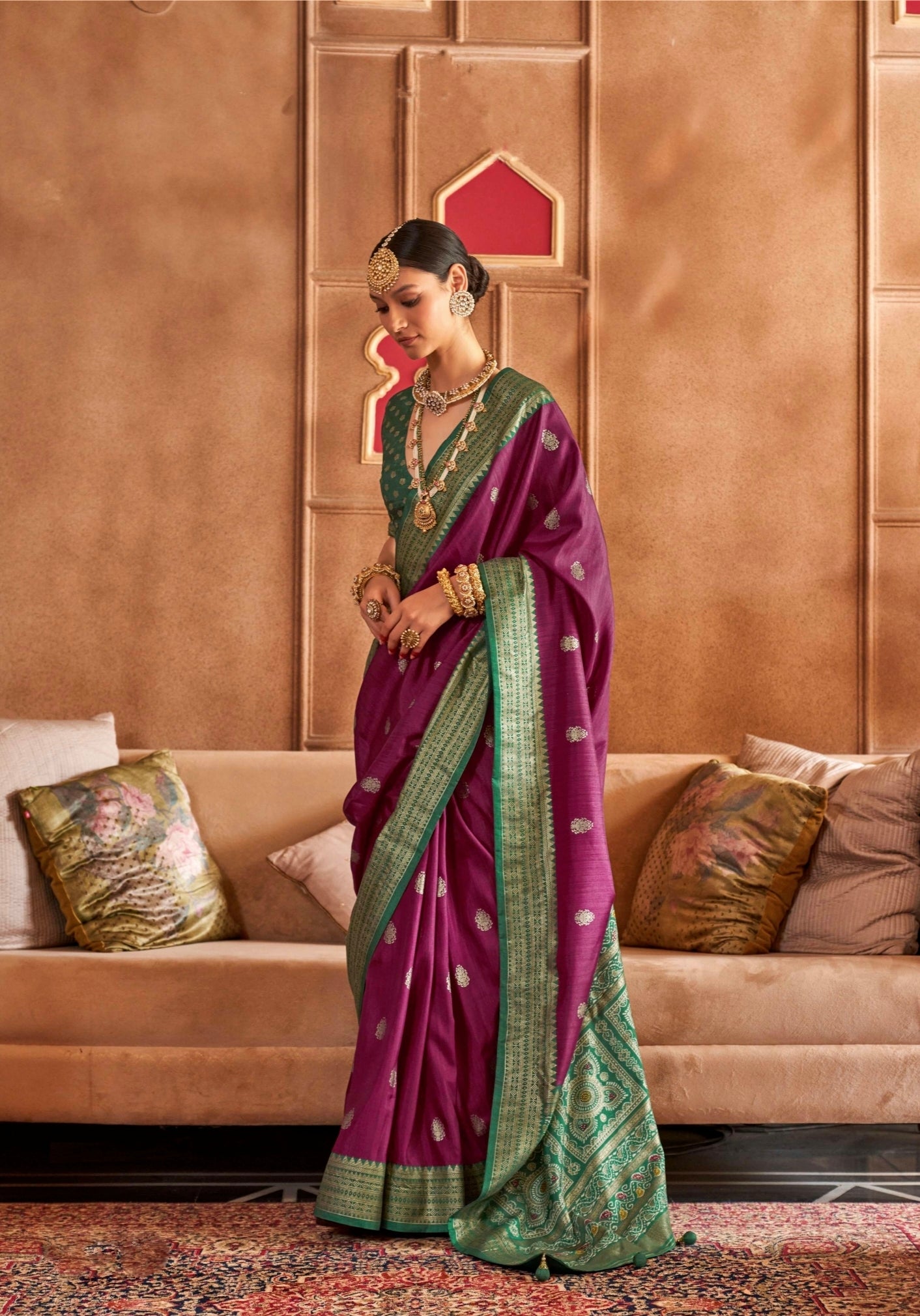 Plum and Green Mercerizer Sigma Silk Patola Saree with Sambalpuri Pallu