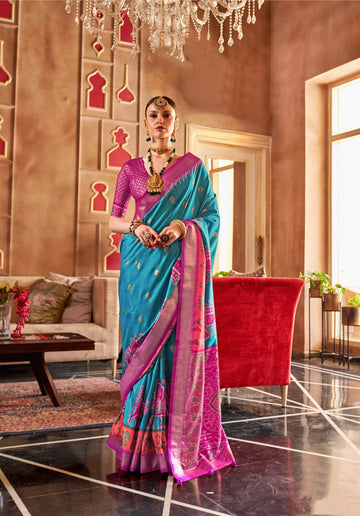 Teal and Pink Mercerizer Sigma Silk Patola Saree with Sambalpuri Pallu