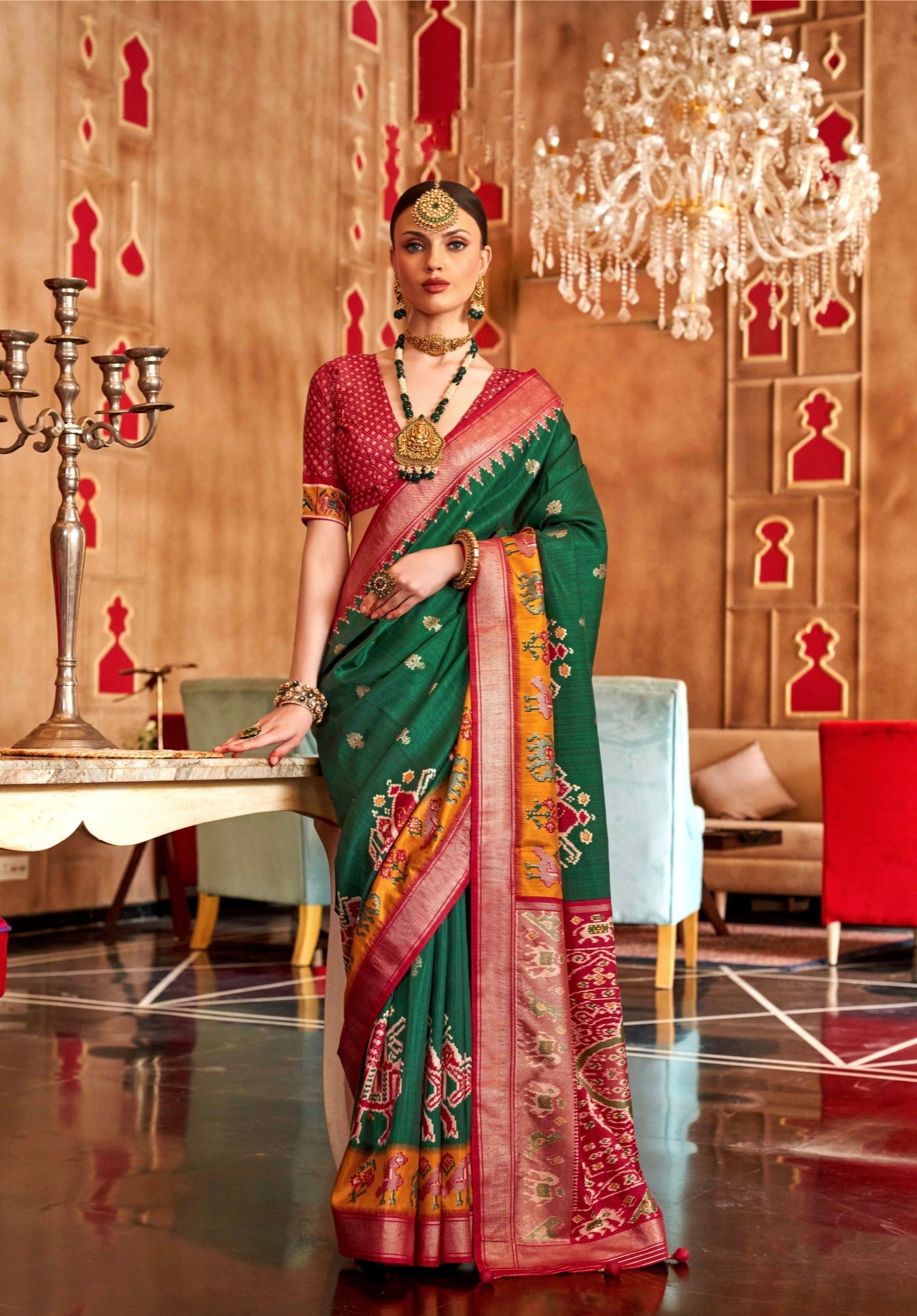 Green and Pink Mercerizer Sigma Silk Patola Saree with Sambalpuri Pallu