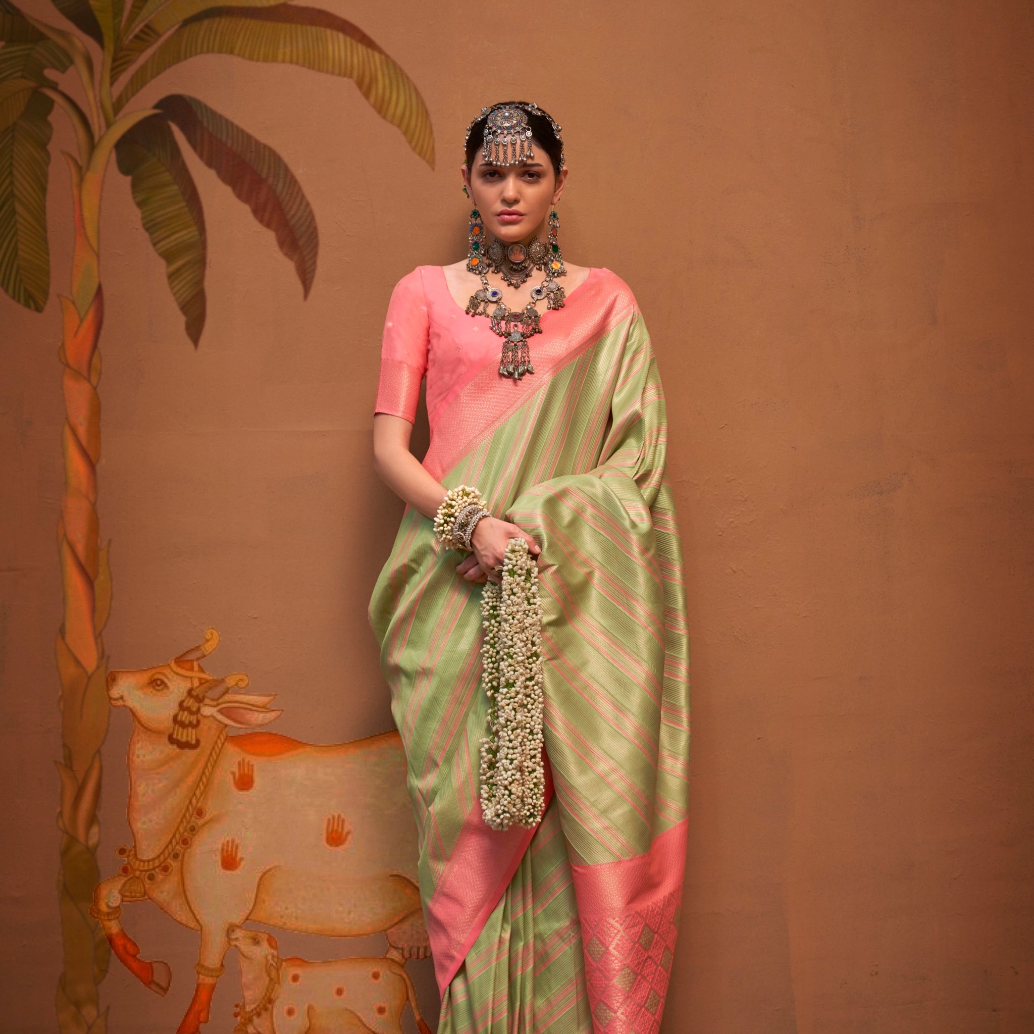 Green and Pink Handloom Weaving Silk Saree with Handloom Silk Blouse