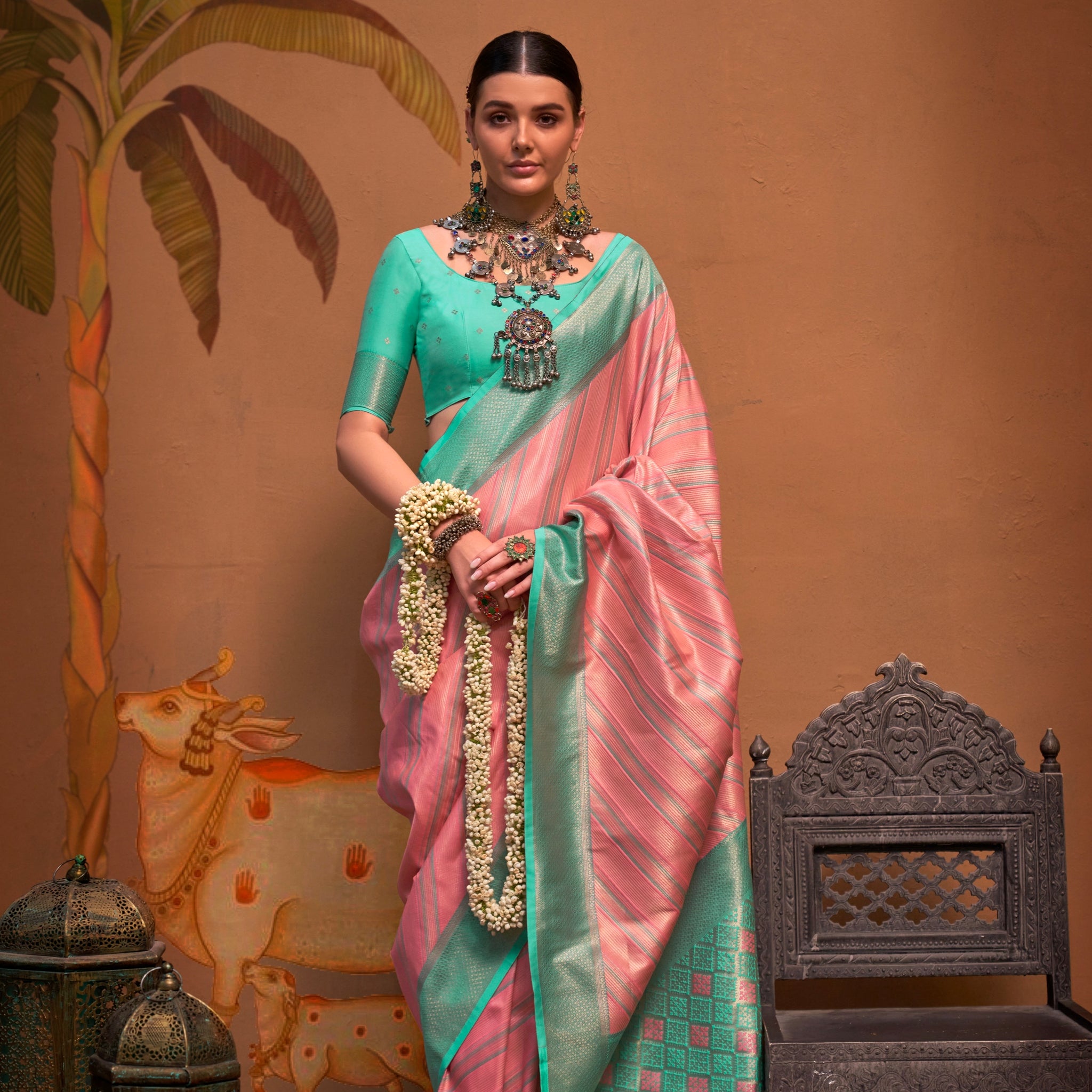 Mint Green and Pink Handloom Weaving Silk Saree with Handloom Silk Blouse