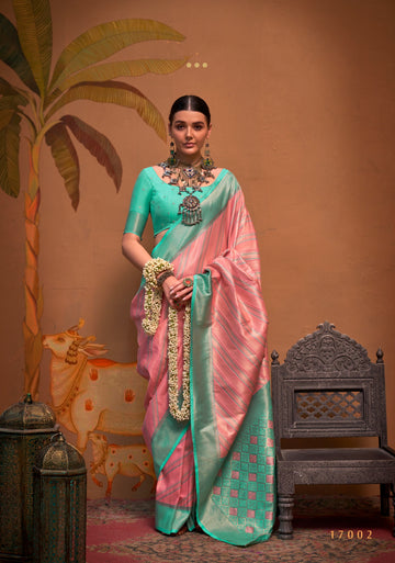 Mint Green and Pink Handloom Weaving Silk Saree with Handloom Silk Blouse