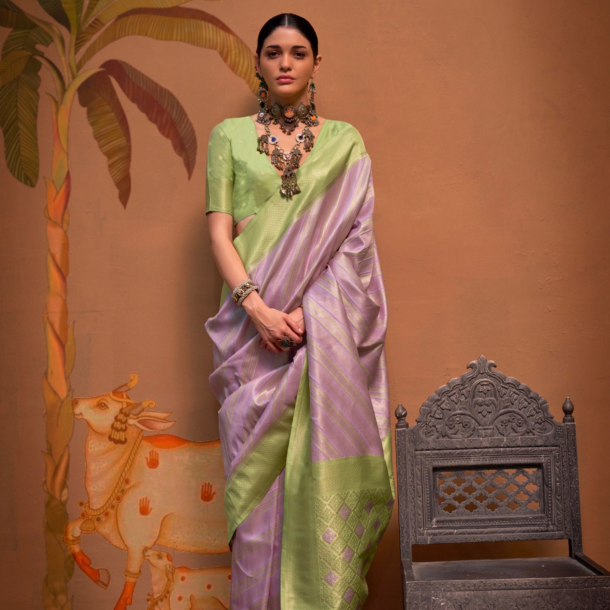 Lavender and Green Handloom Weaving Silk Saree with Handloom Silk Blouse