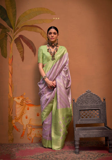 Lavender and Green Handloom Weaving Silk Saree with Handloom Silk Blouse