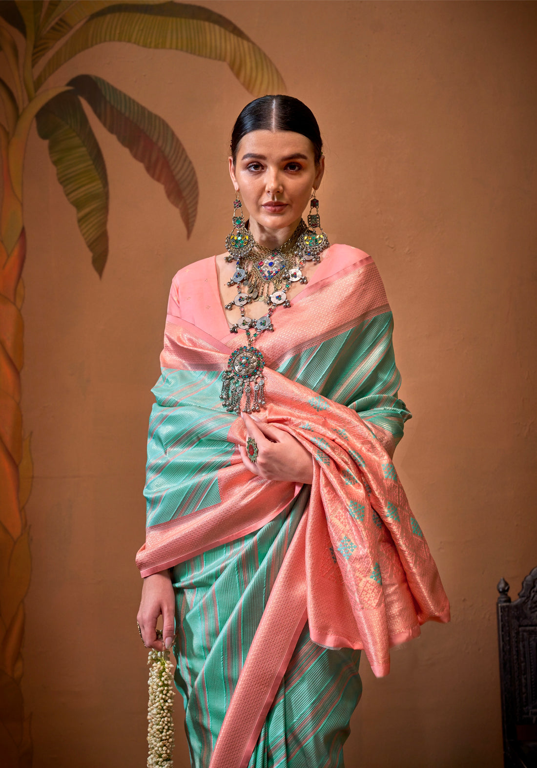 Mint Green and Peach Handloom Weaving Silk Saree with Handloom Silk Blouse