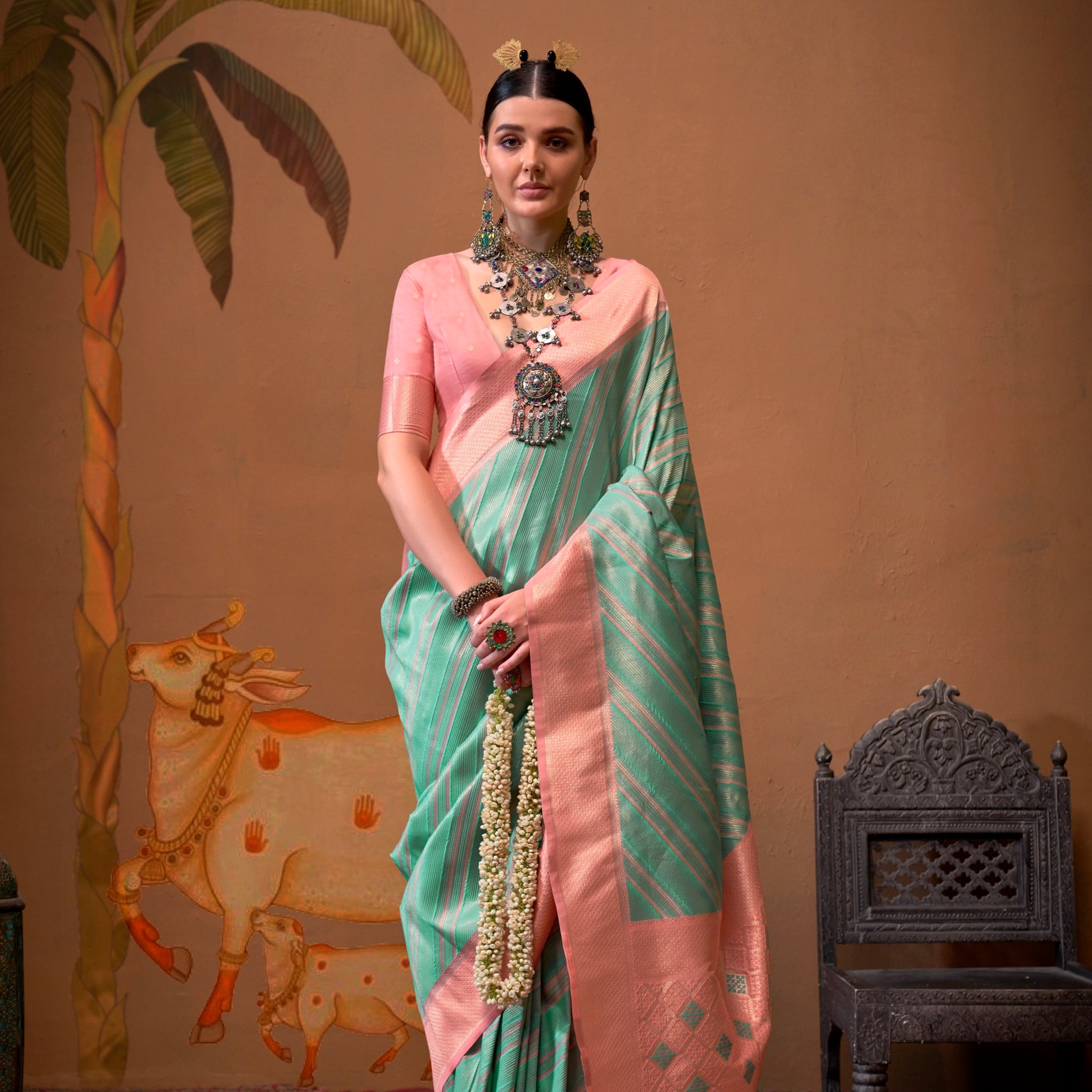 Mint Green and Peach Handloom Weaving Silk Saree with Handloom Silk Blouse