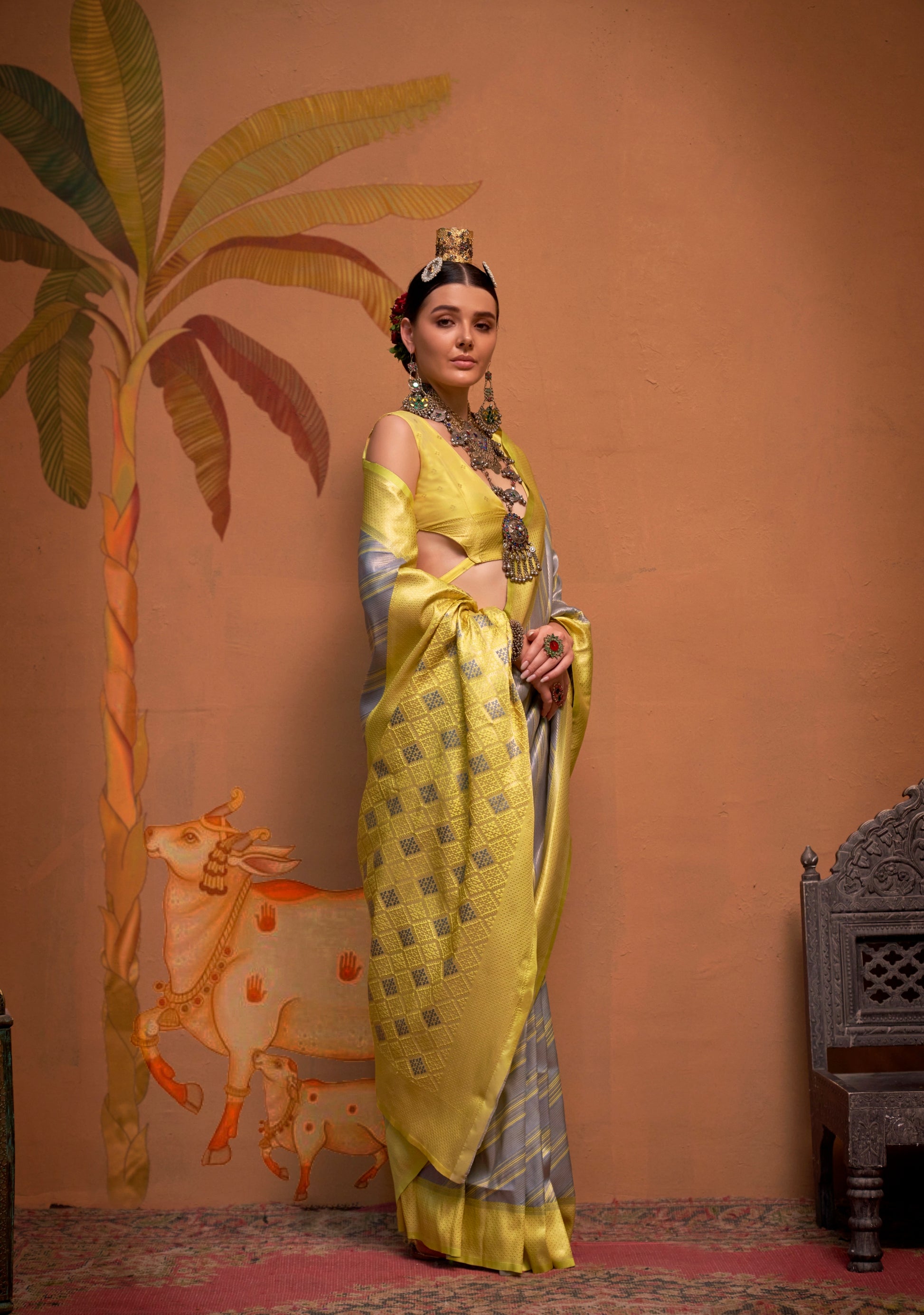 Yellow and Grey Handloom Weaving Silk Saree with Handloom Silk Blouse