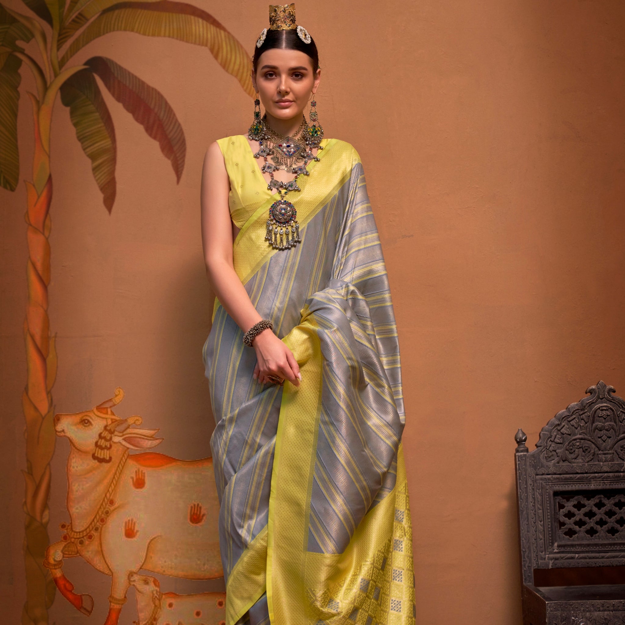 Yellow and Grey Handloom Weaving Silk Saree with Handloom Silk Blouse