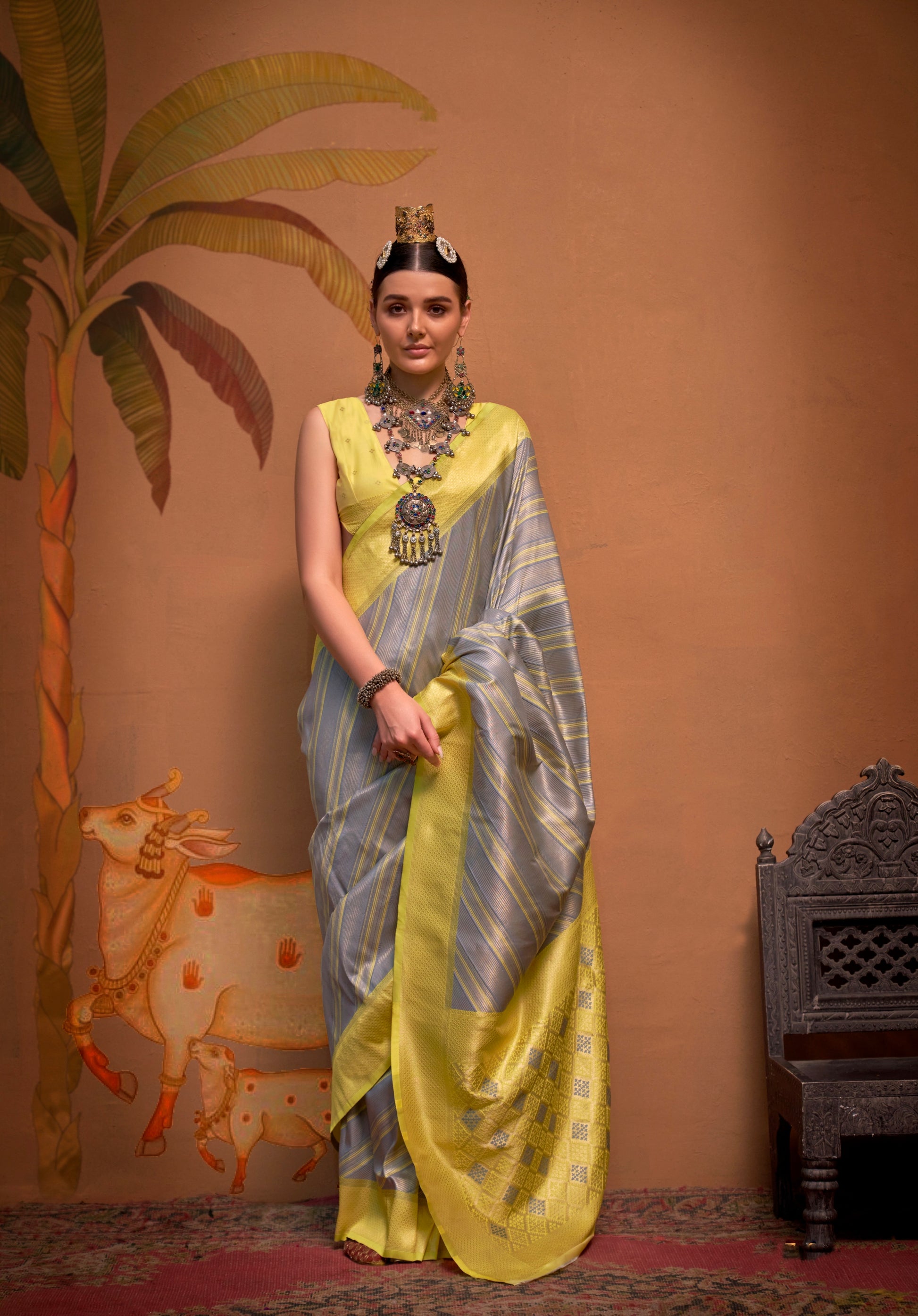 Yellow and Grey Handloom Weaving Silk Saree with Handloom Silk Blouse